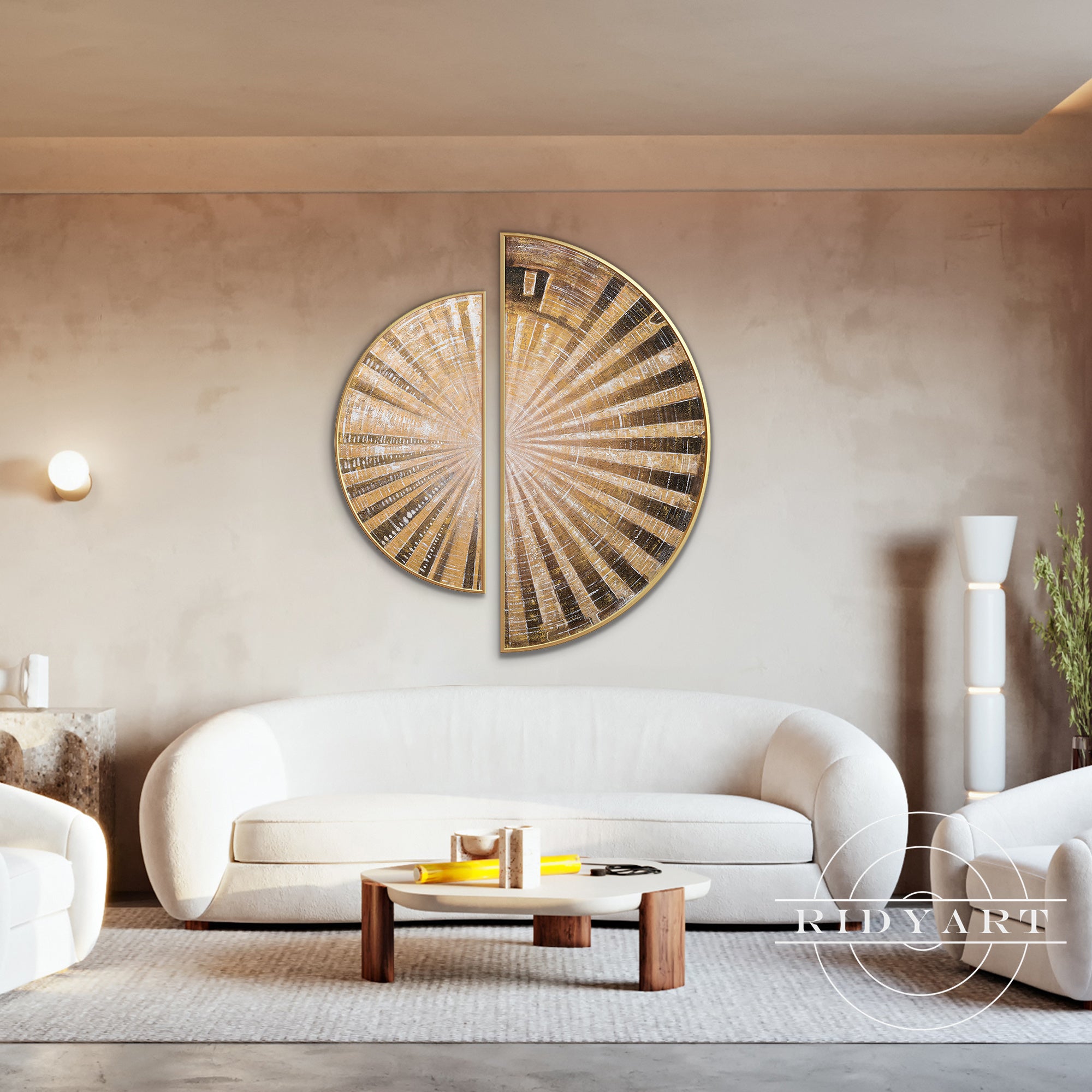 Boho-style circular canvas paintings with geometric patterns.