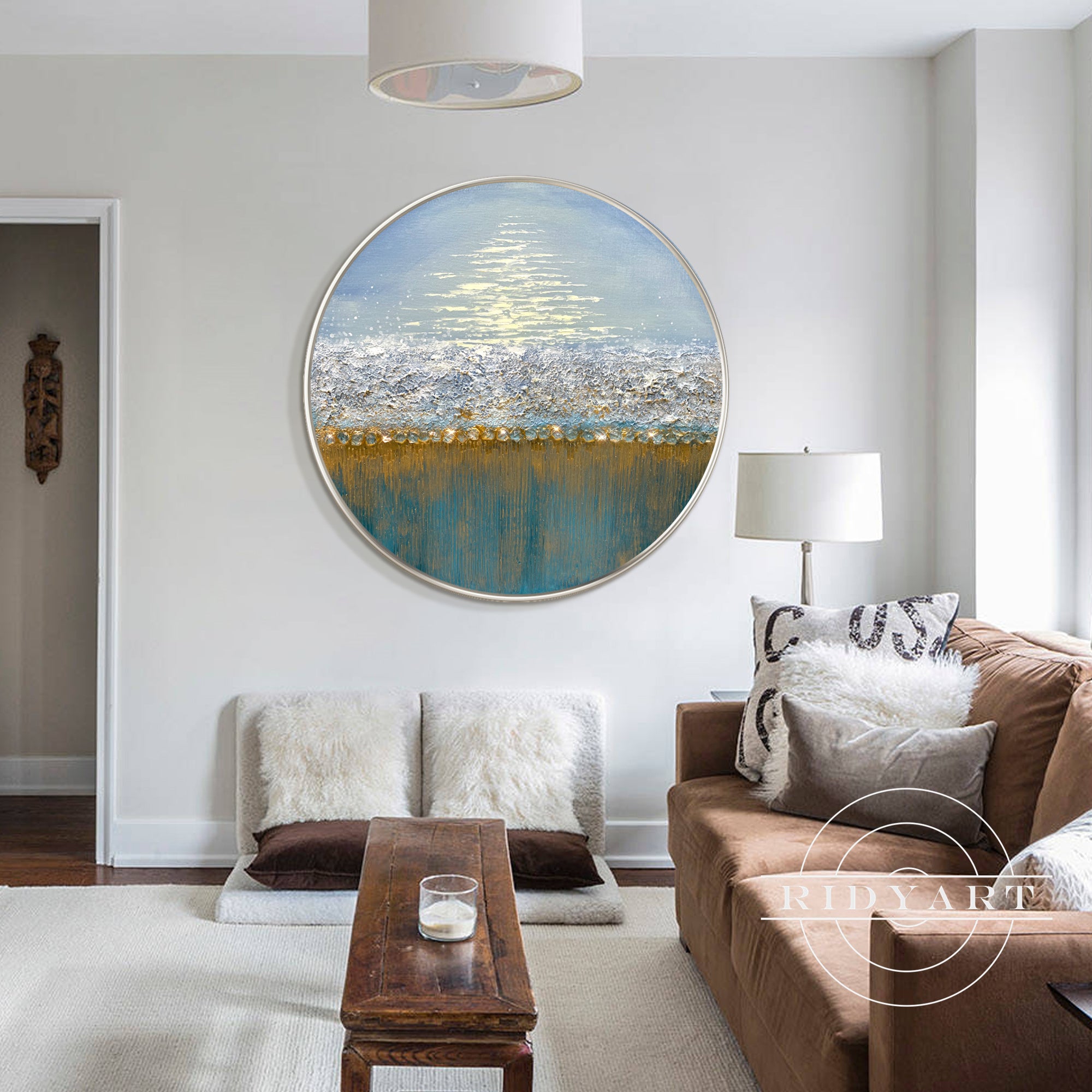 Round textured coastal wall art for living room