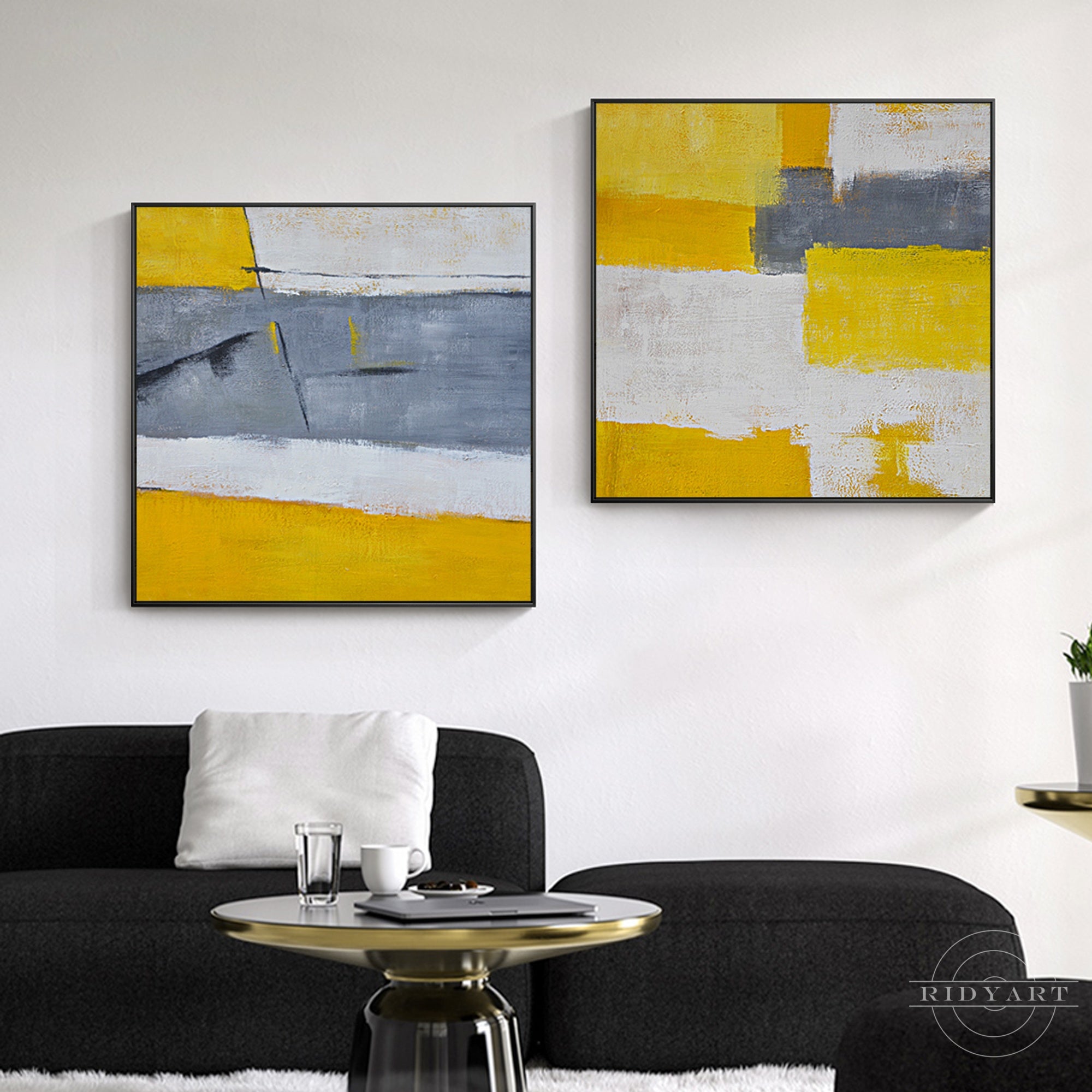 Yellow and grey geometric minimalist wall art set