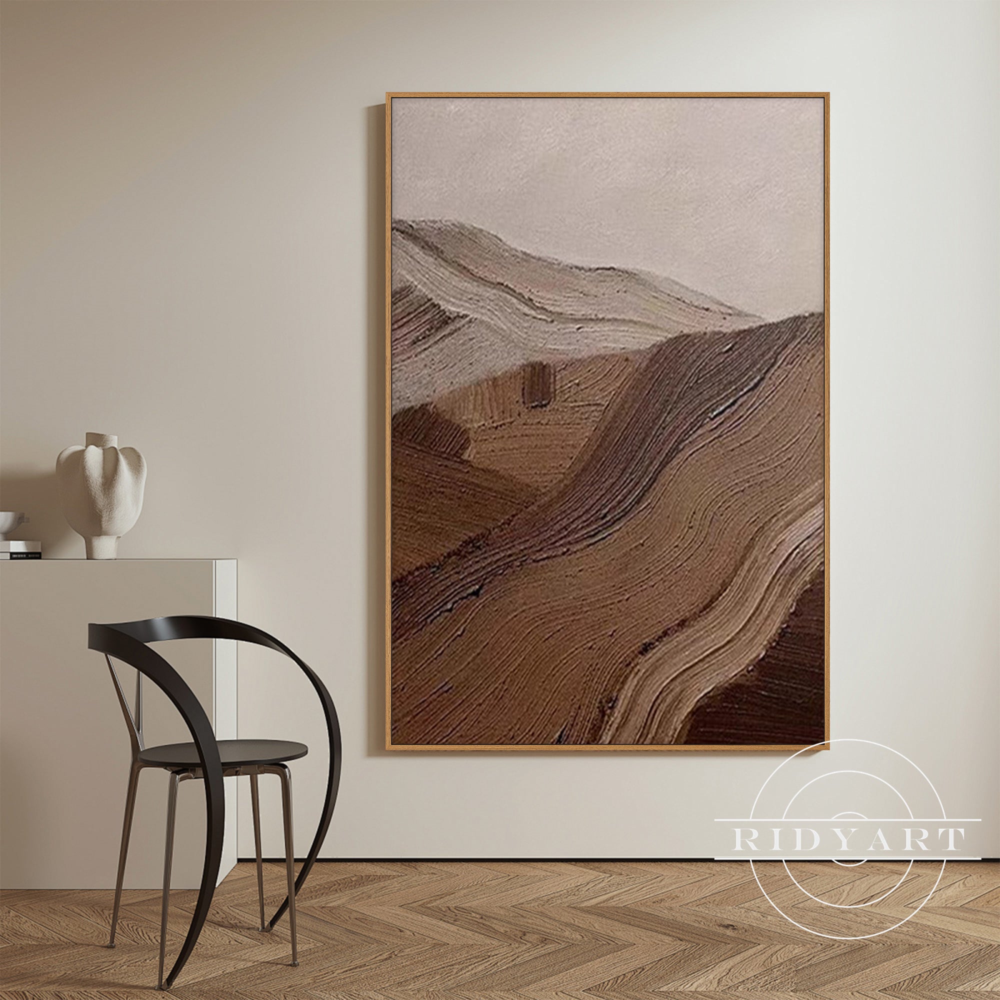 Earthy brown canvas painting with Nordic and boho art influences.
