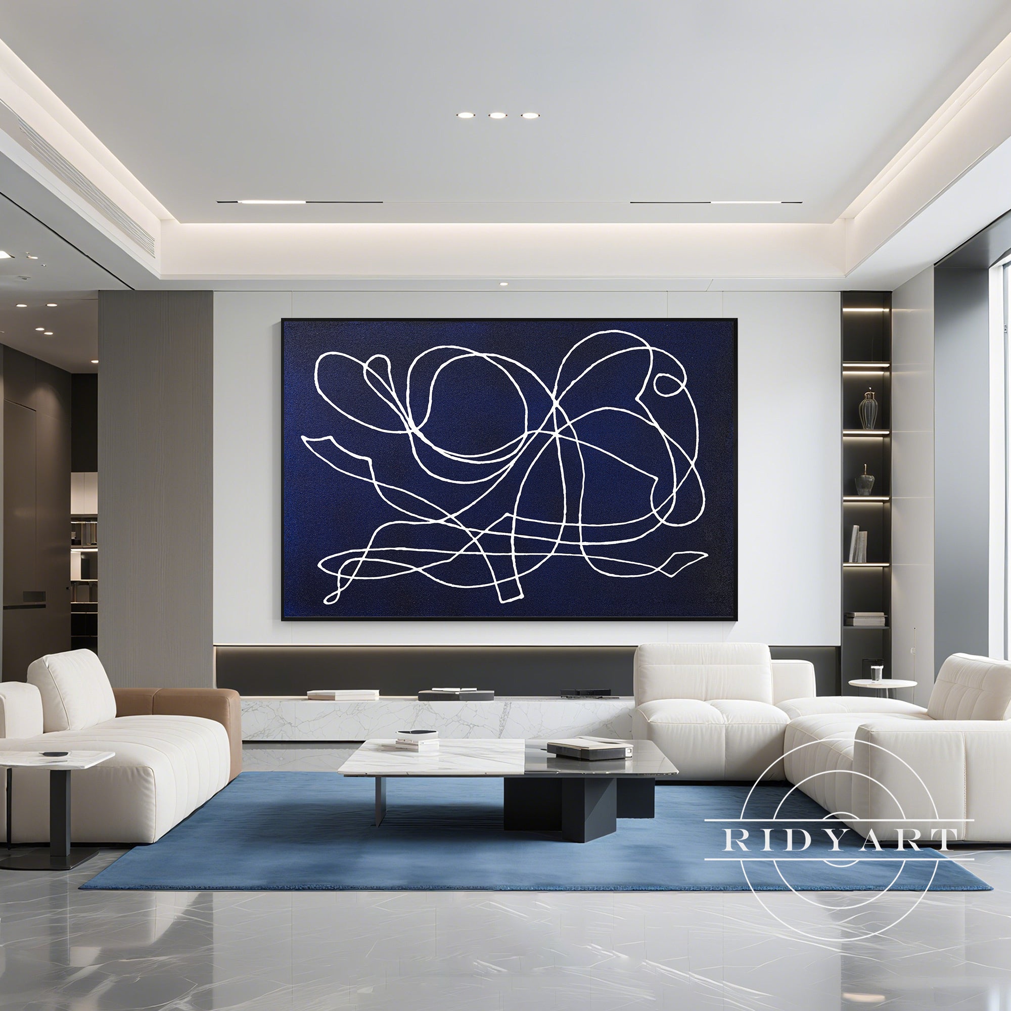 Oversized modern abstract painting in navy blue