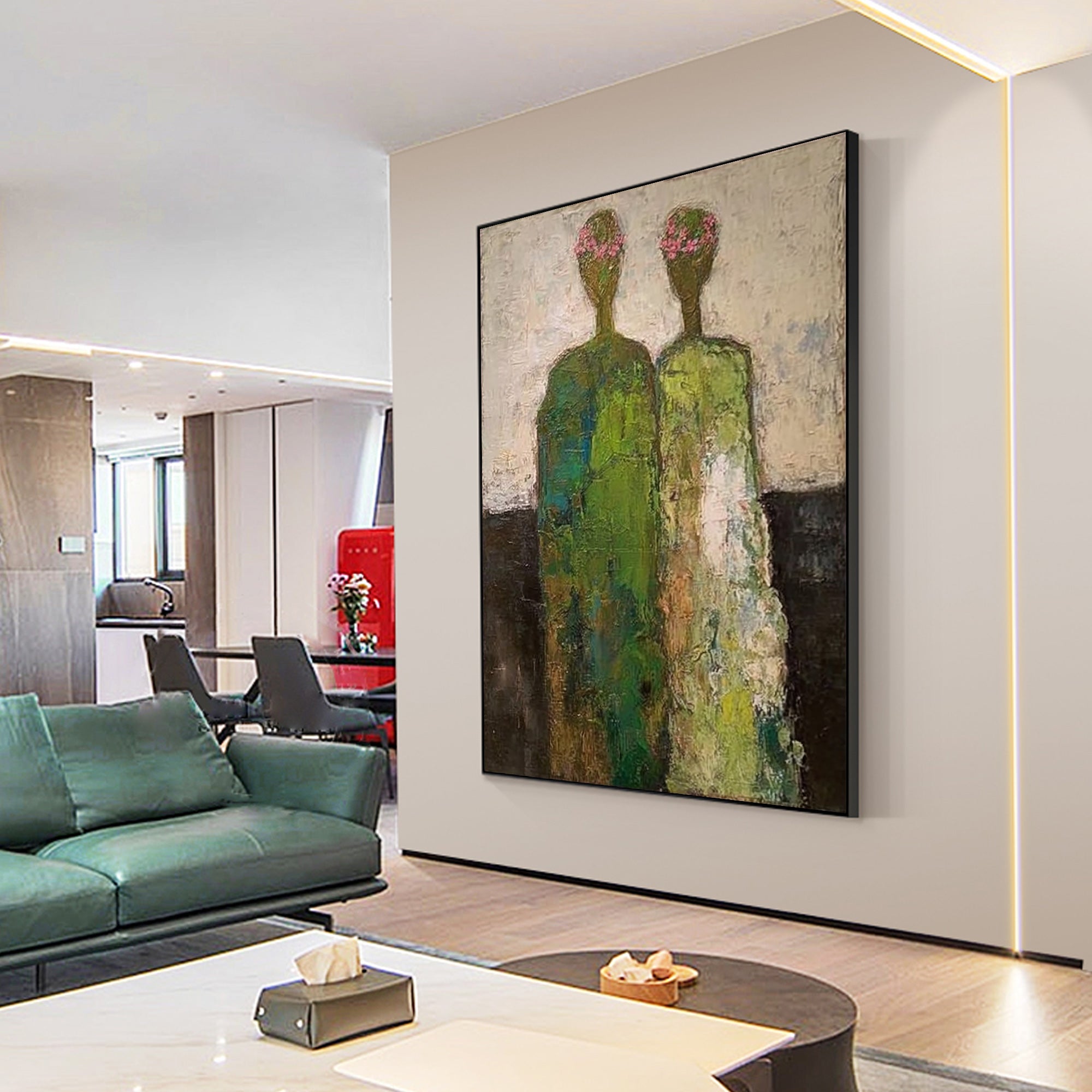 Abstract figurative floral painting with woman portrait