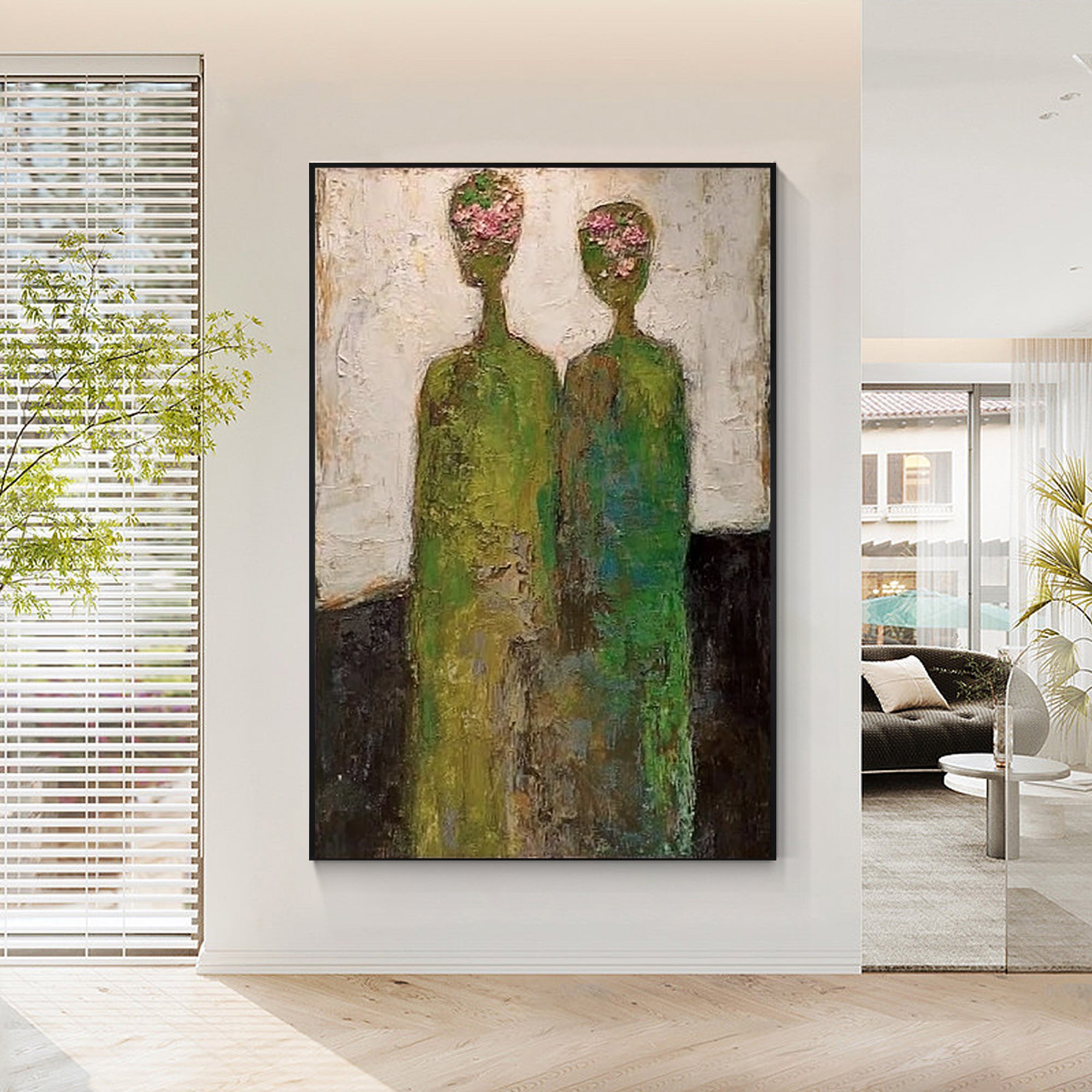 Abstract figurative floral painting with woman portrait