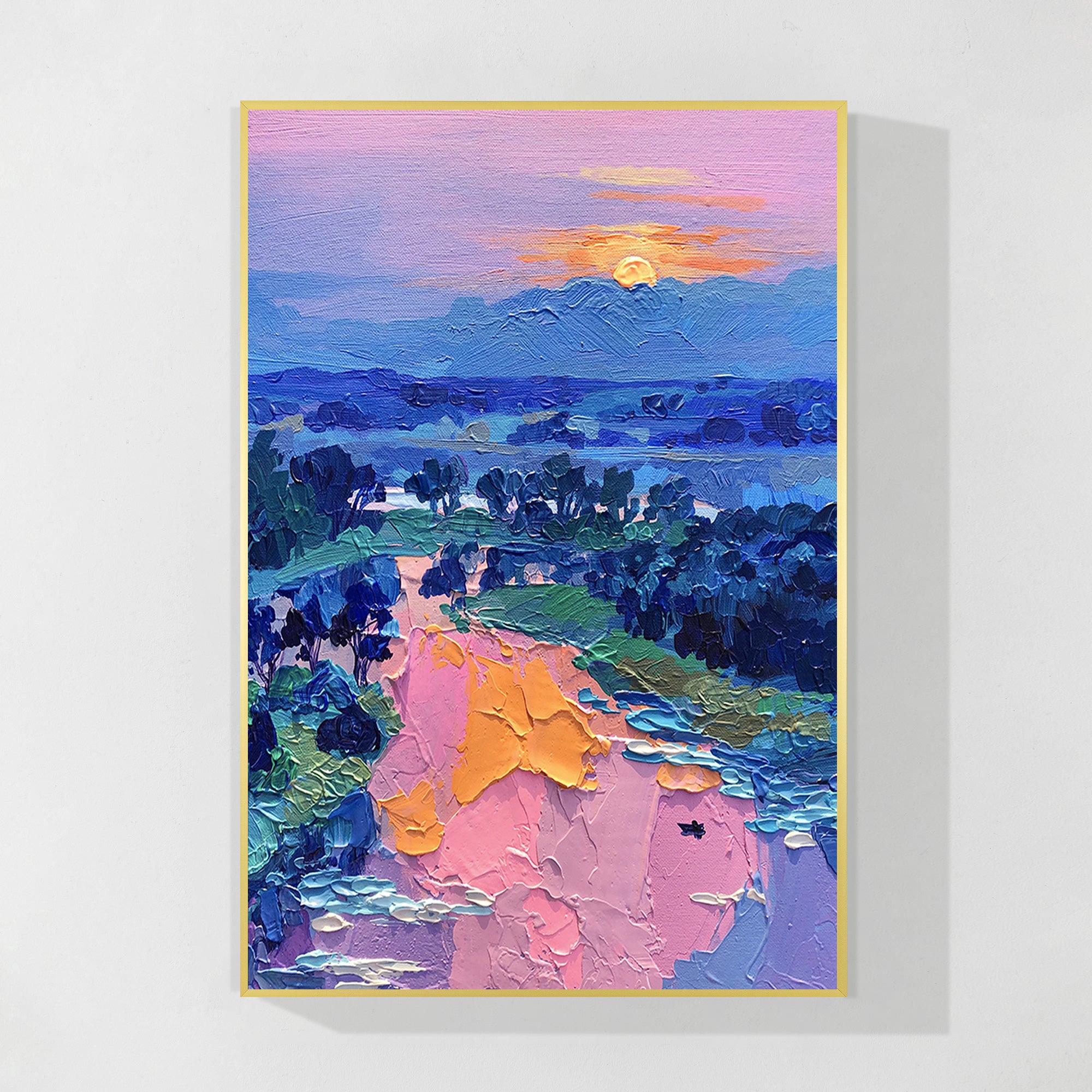 Abstract sunrise forest wall art with blue and pink tones.