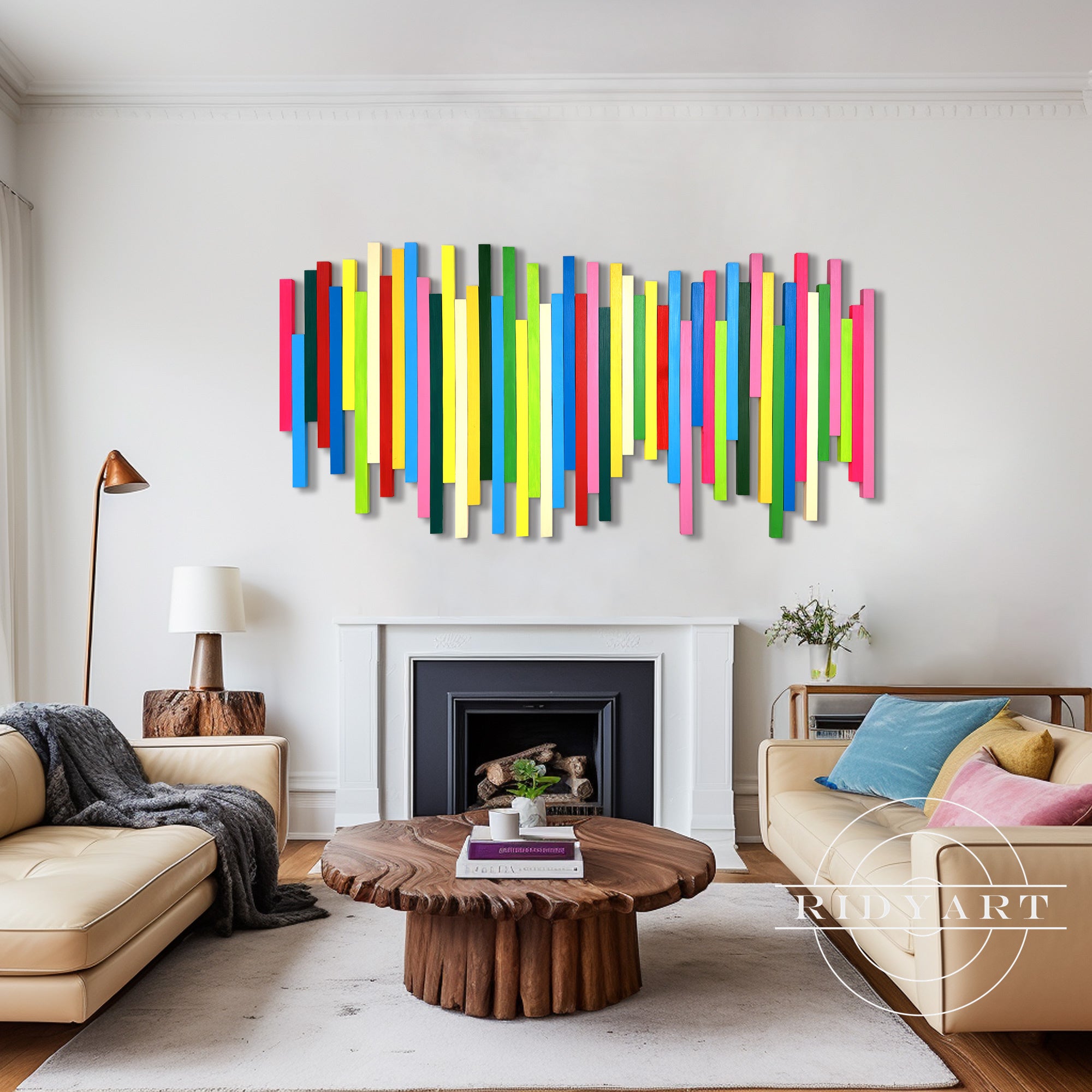 Large rainbow wall art made from wood slats