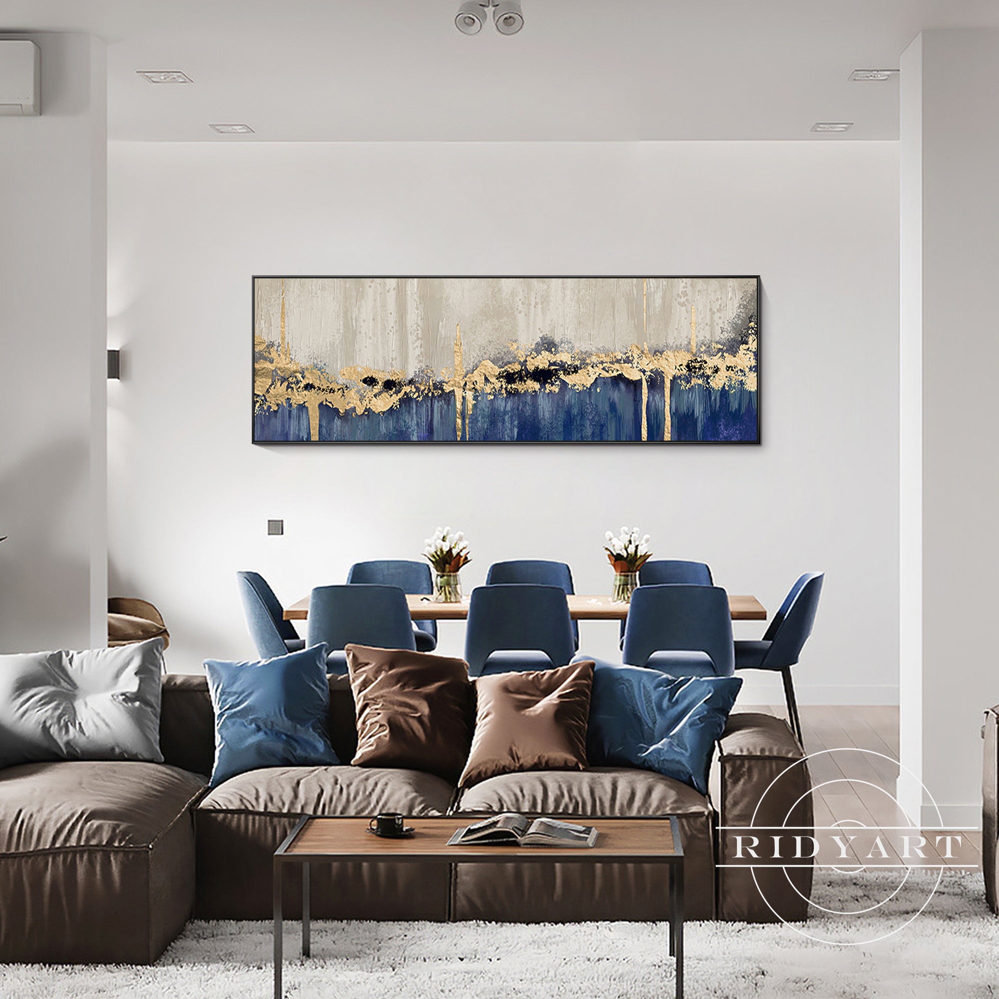 Original blue and gold canvas painting for wide spaces