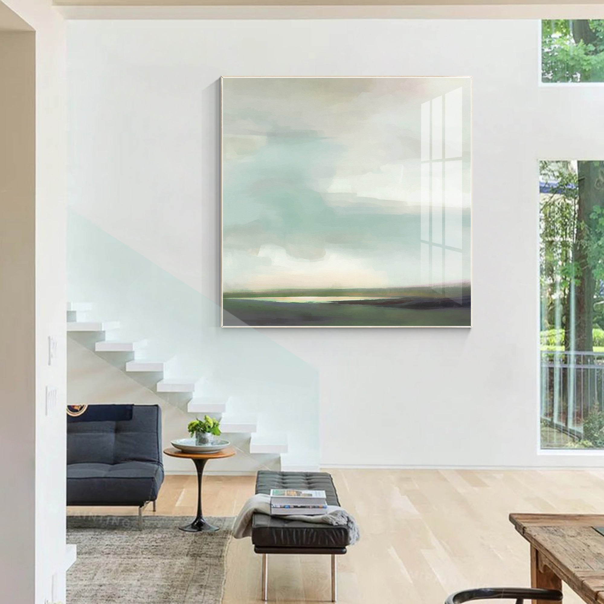 Blue and green landscape artwork with peaceful vibe