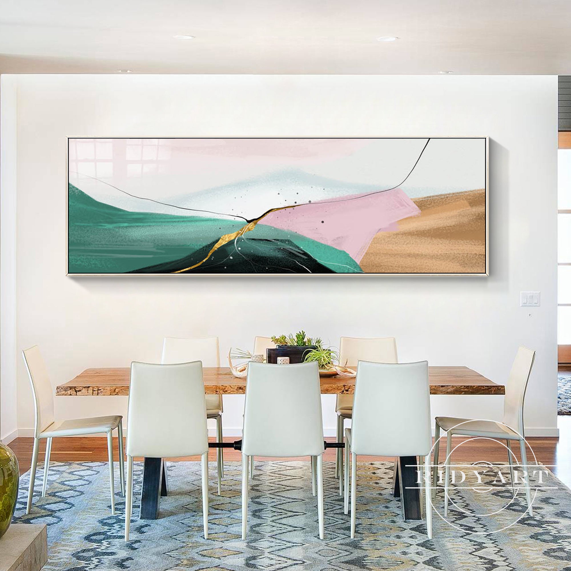 Abstract green, pink, and brown mountain painting for home decor.