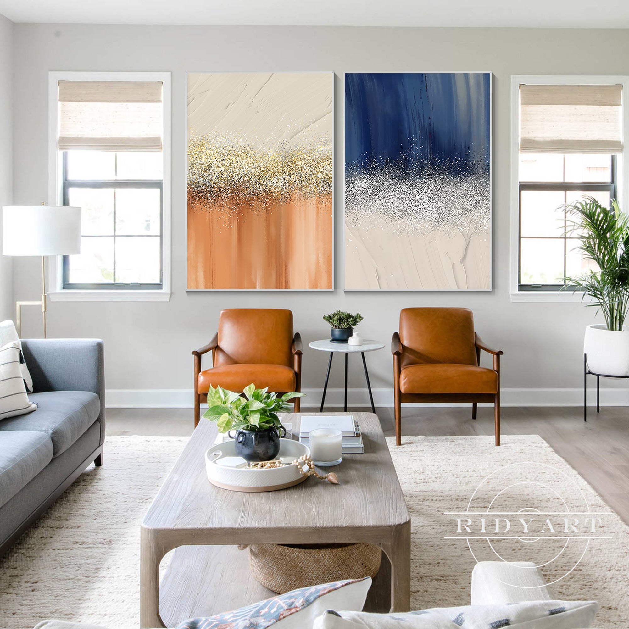 Modern abstract glitter painting set for stylish home interiors.