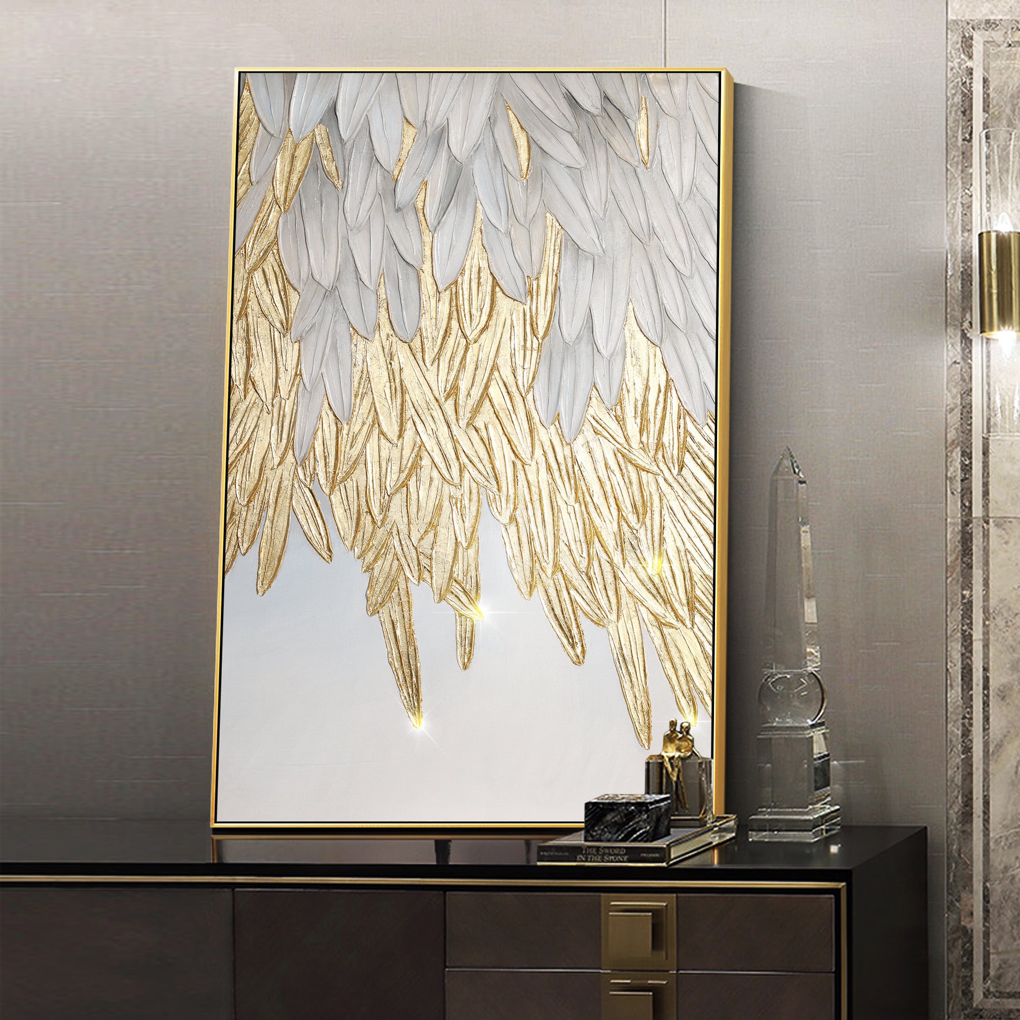 Elegant leaf wall art in gray and gold tones