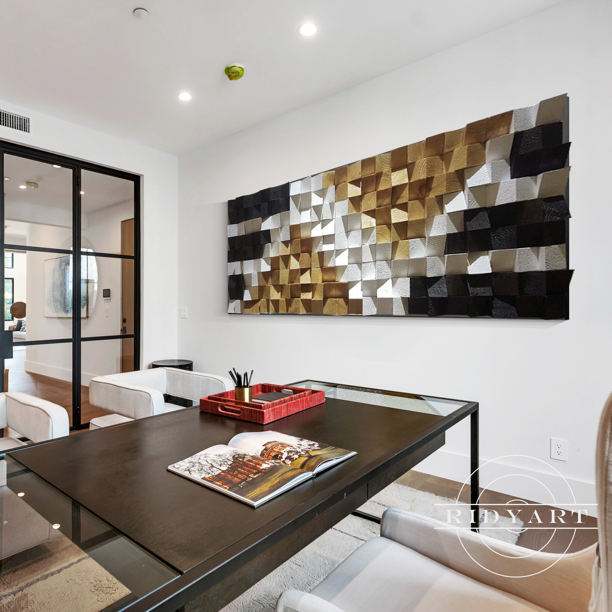 Handcrafted wooden wall sculpture, perfect for modern interiors.