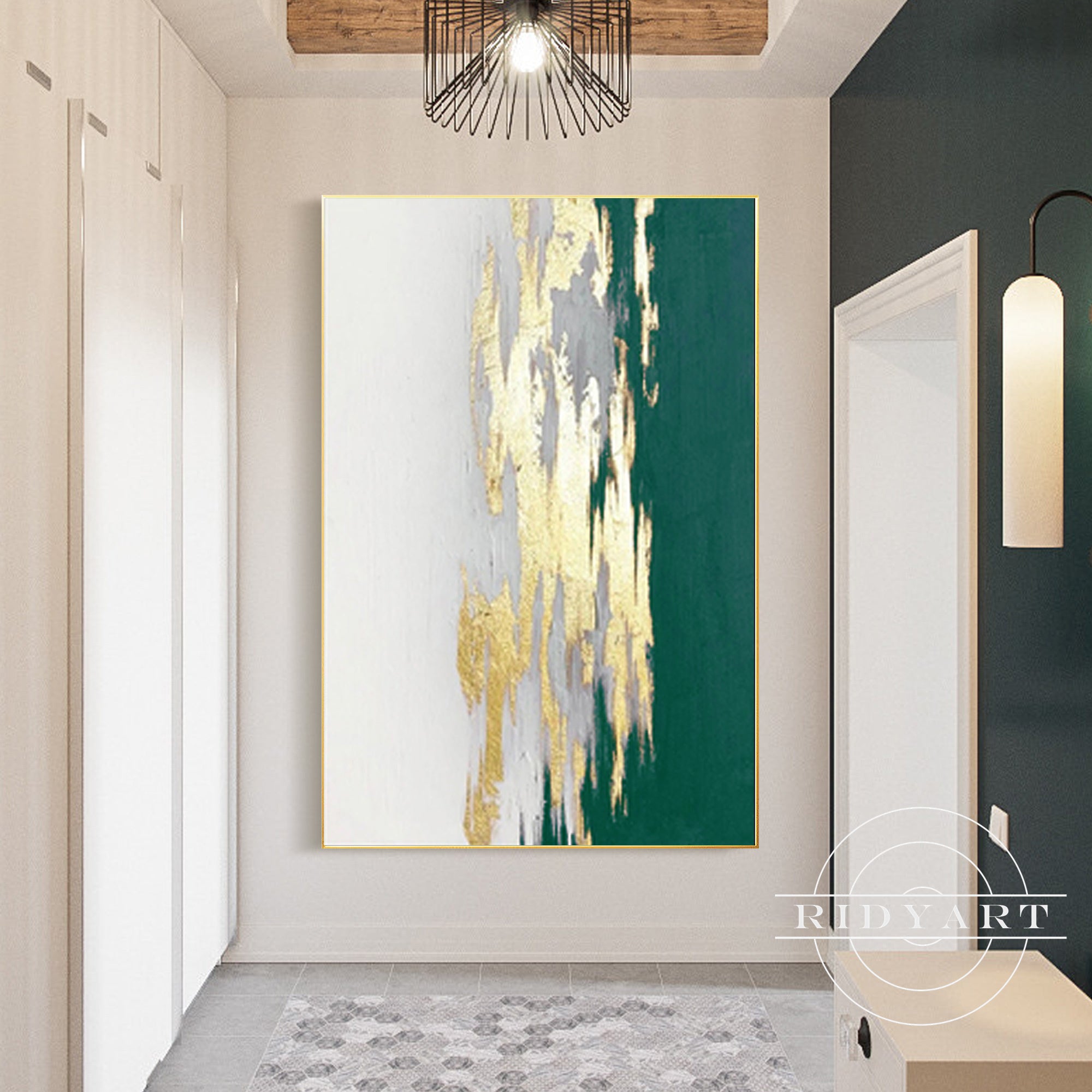 Framed abstract painting with gold accents