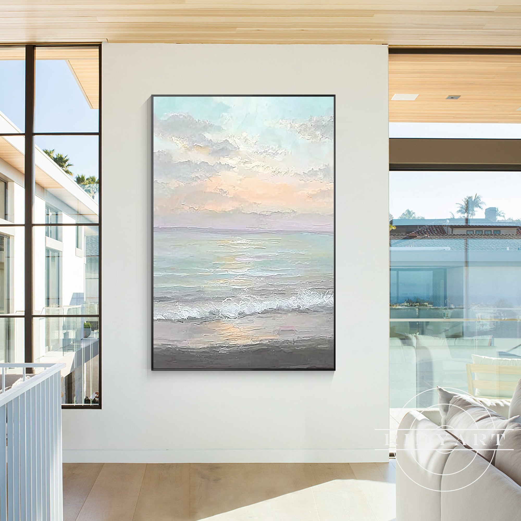 Blue grey coastal sunrise artwork for home décor