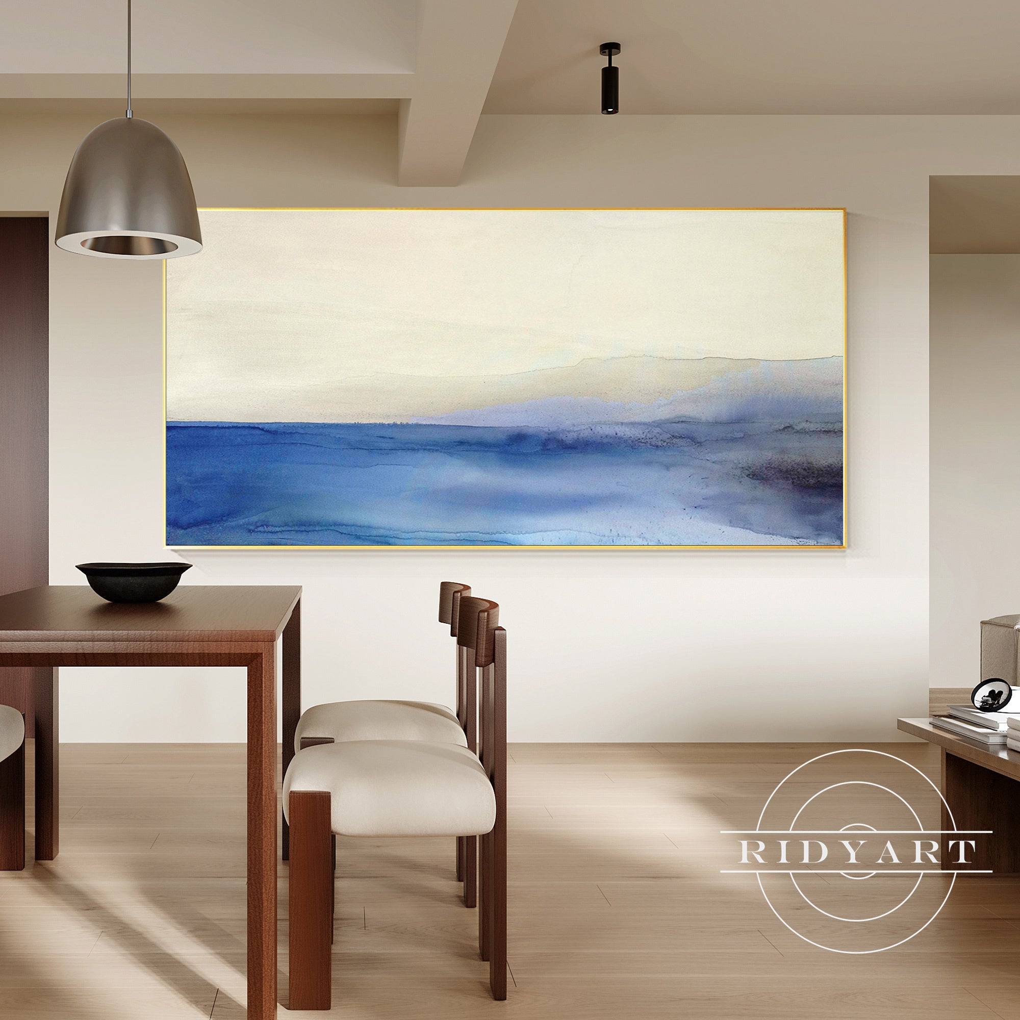 Serene blue-gray wall decor with ocean and mountain theme