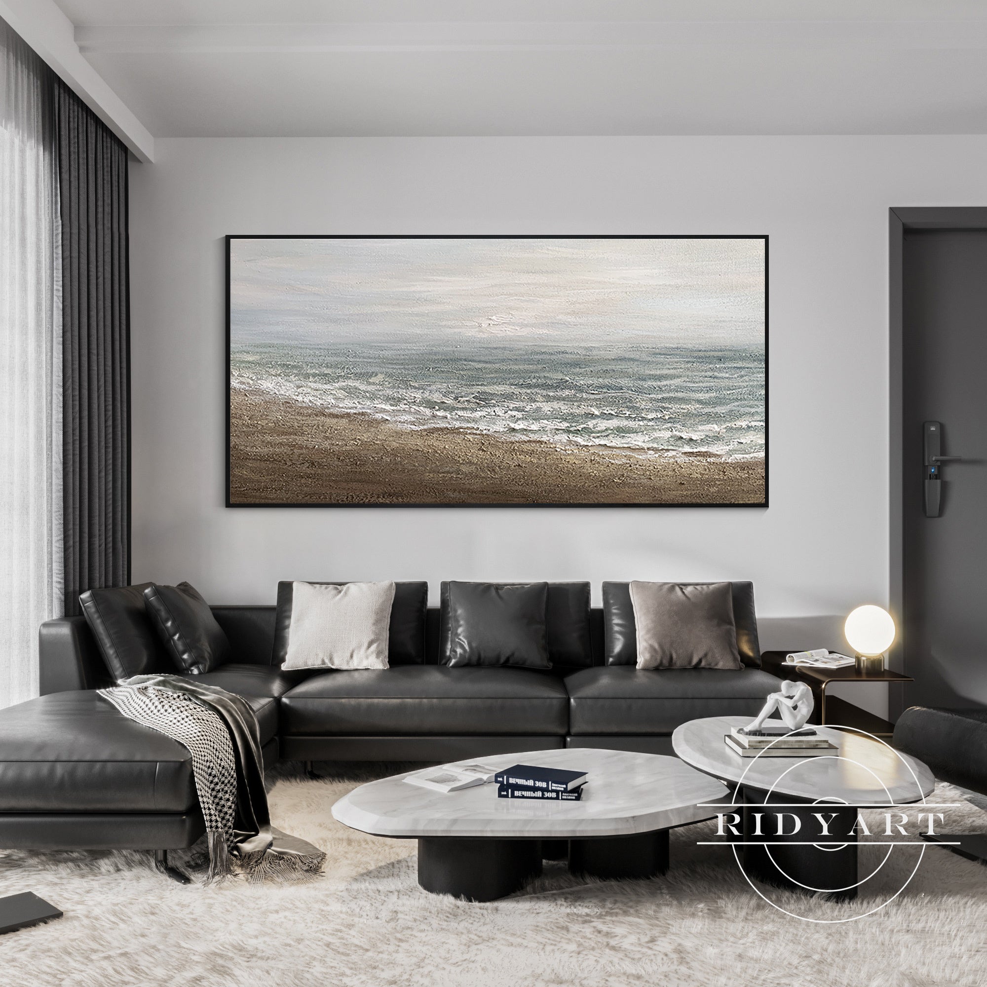 Layered brush ocean painting brown gray boho wall decor