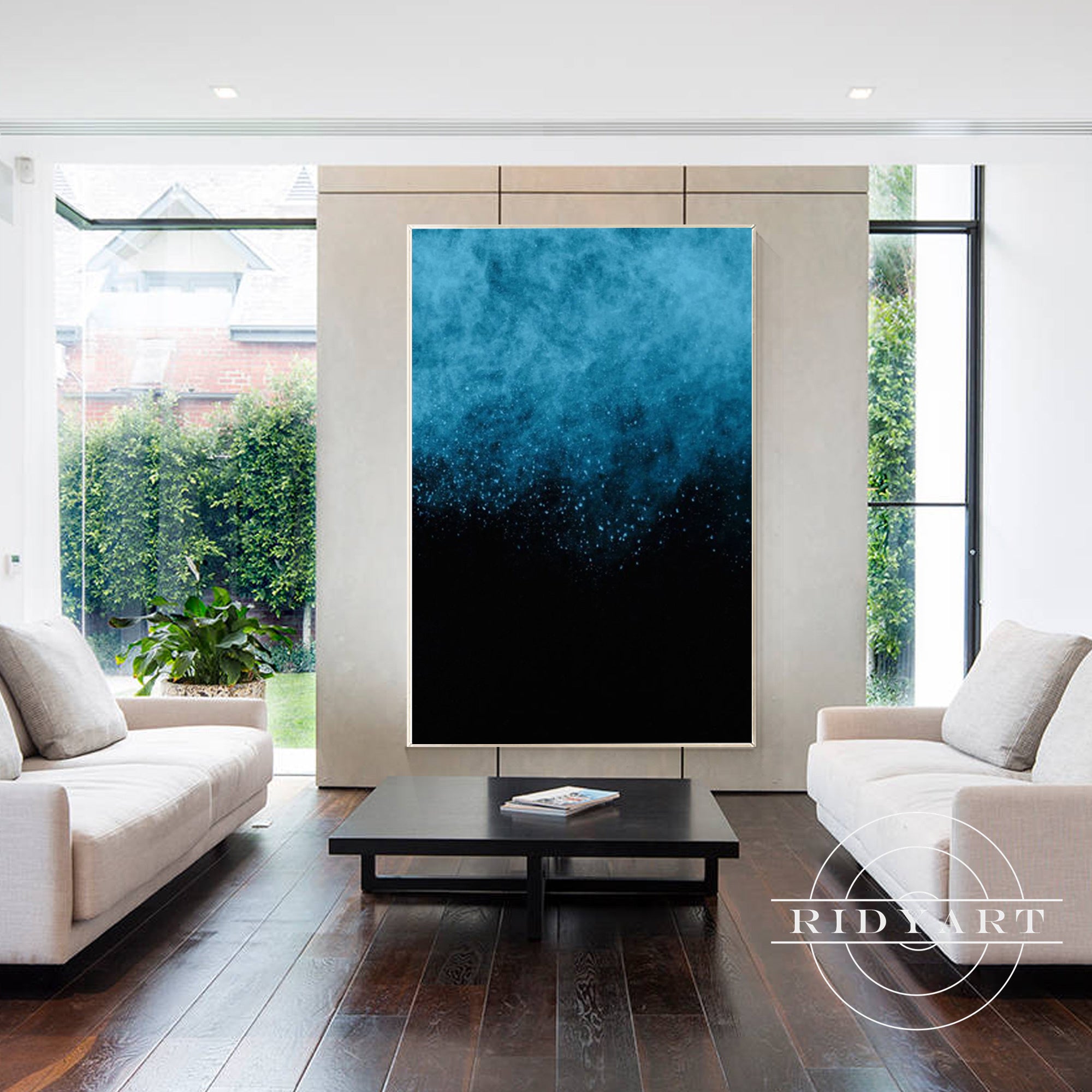 Smooth abstract ocean wall art in deep blue and black tones.