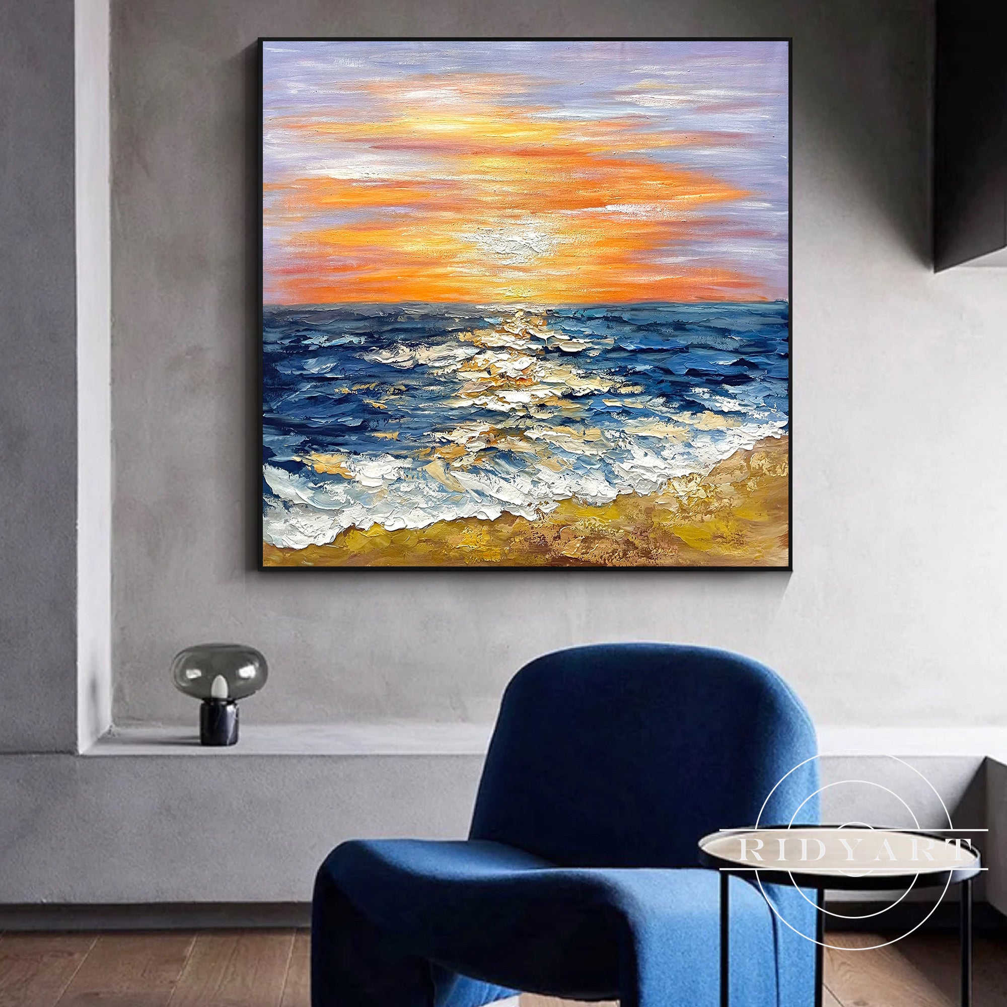 Original thick textured painting of blue ocean sunrise