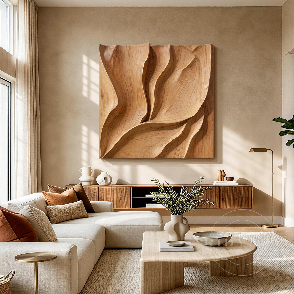 Abstract organic carved wood wall art with flowing curves, front view