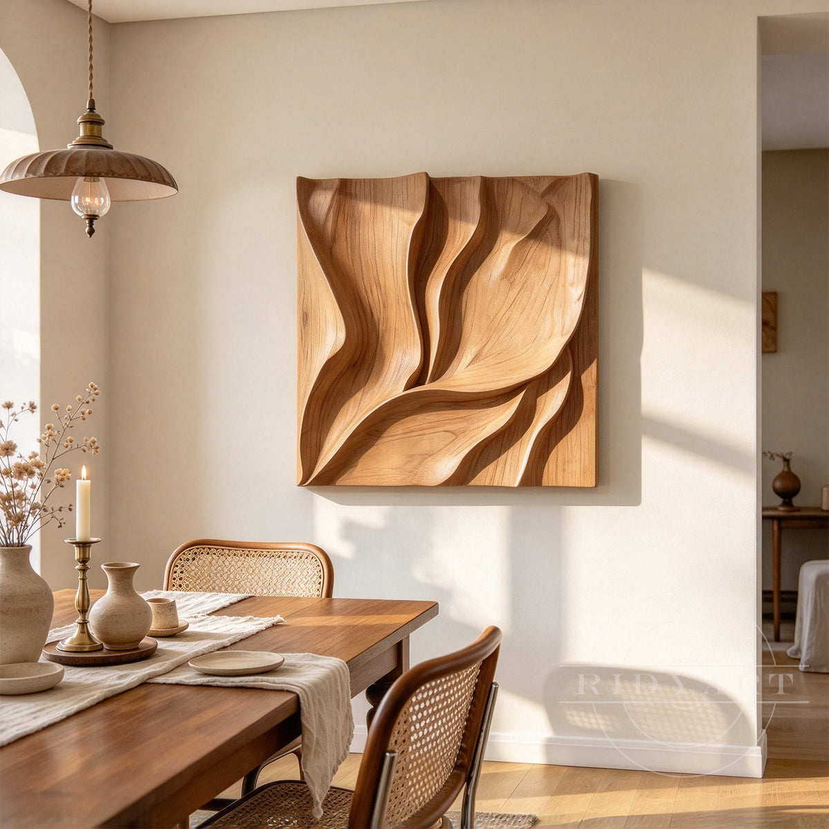 Abstract organic wood wall sculpture mounted above a modern sofa