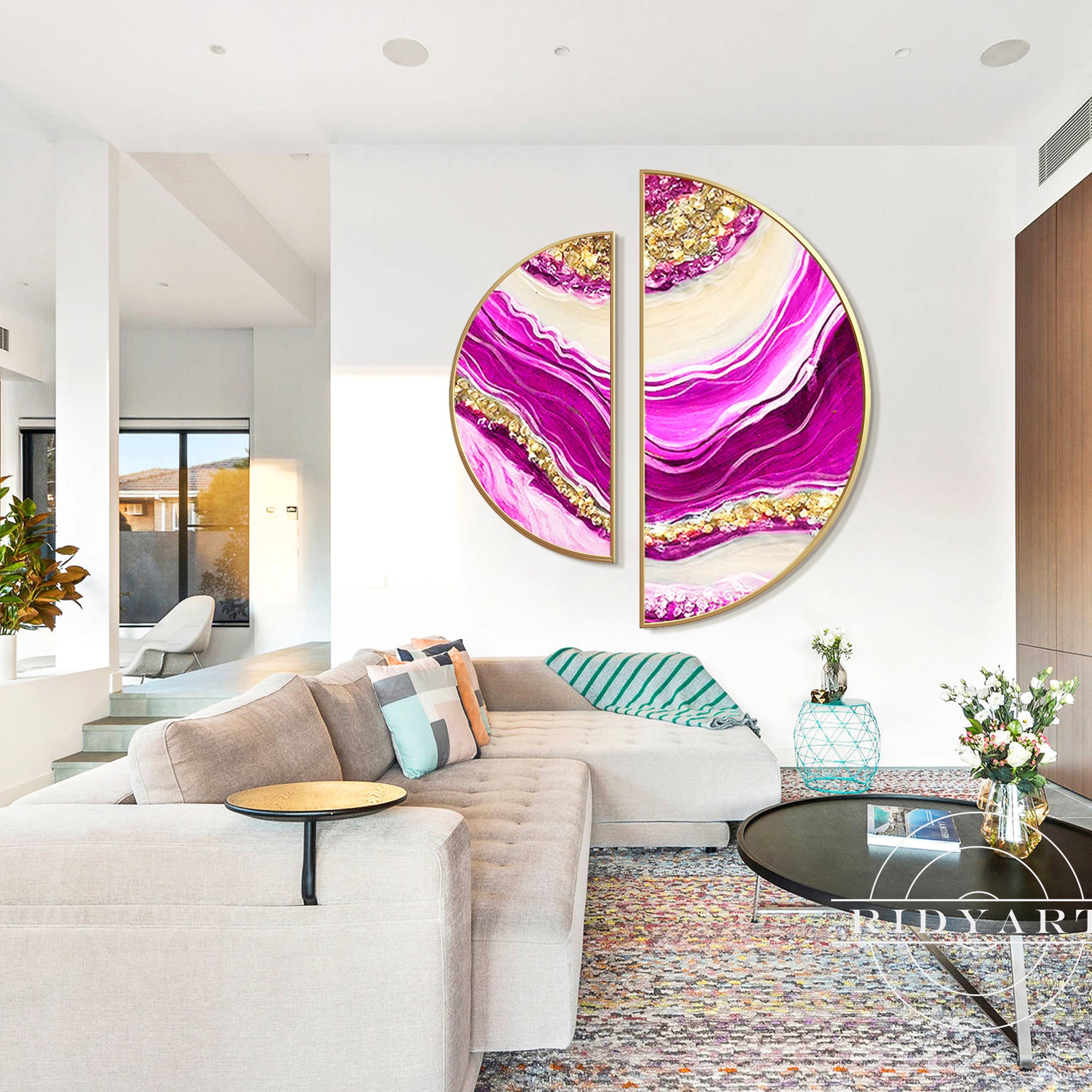 Pink seascape-inspired geode paintings for modern interiors