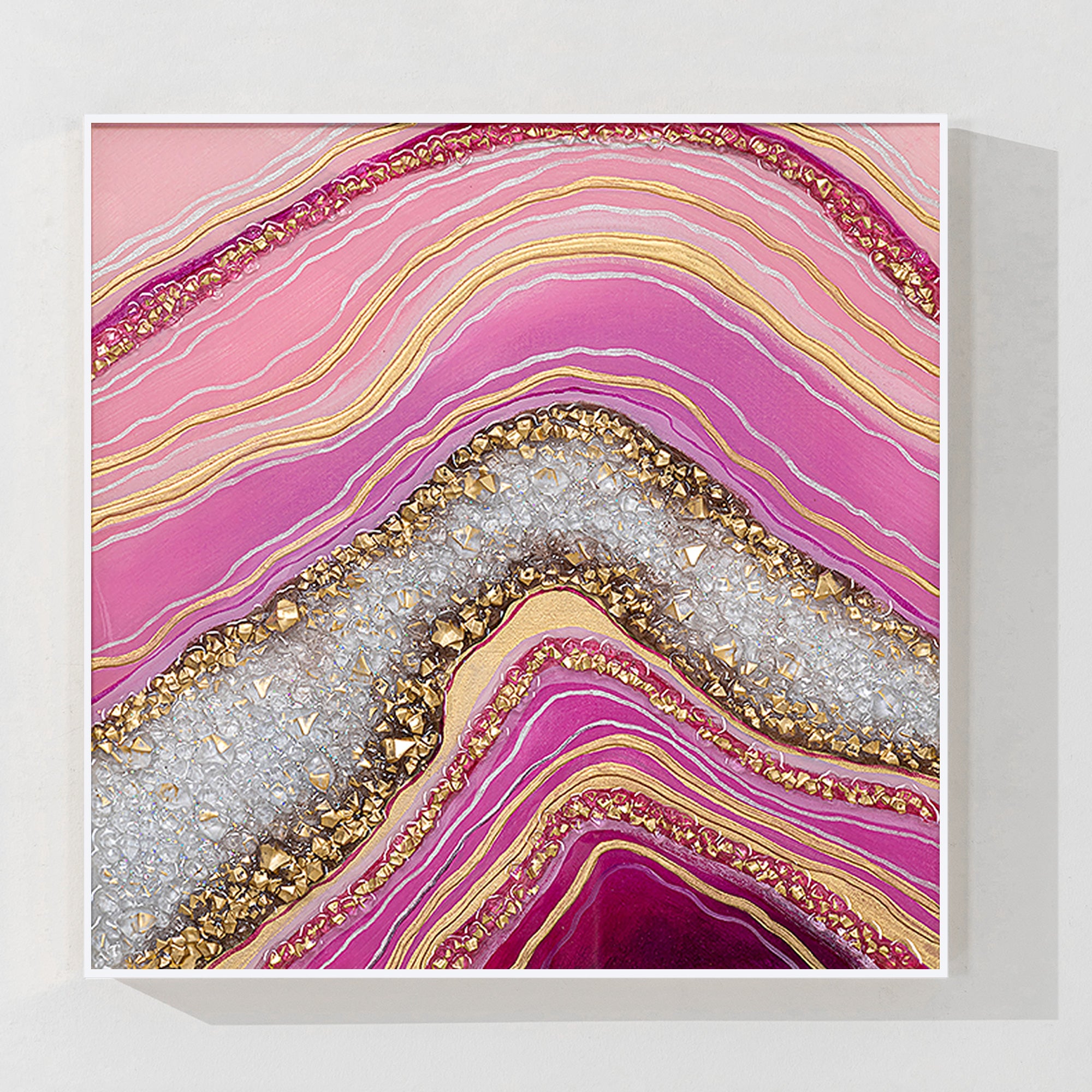Abstract pink resin wall art with geode and glitter effect