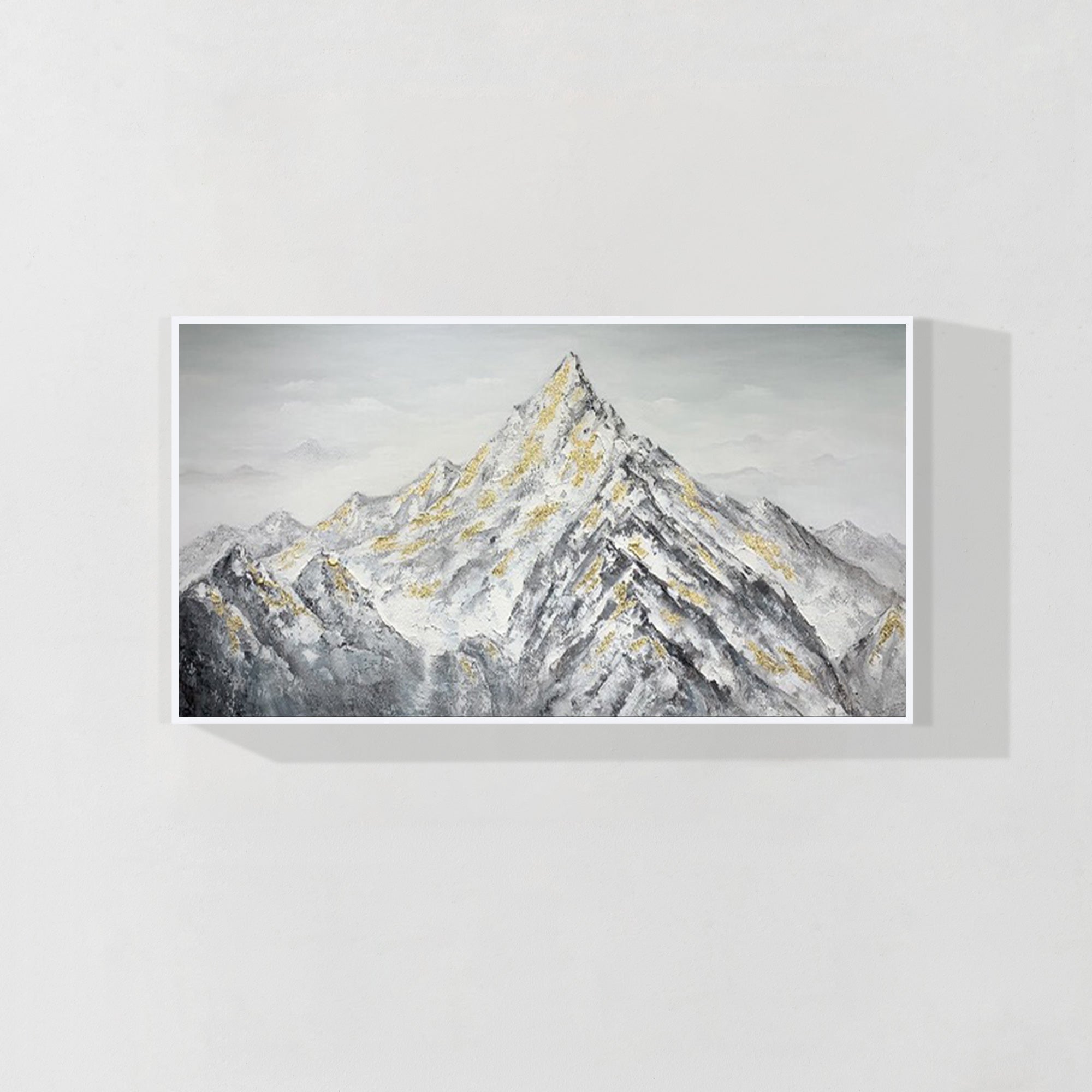 Abstract snow mountain painting with gold textured highlights