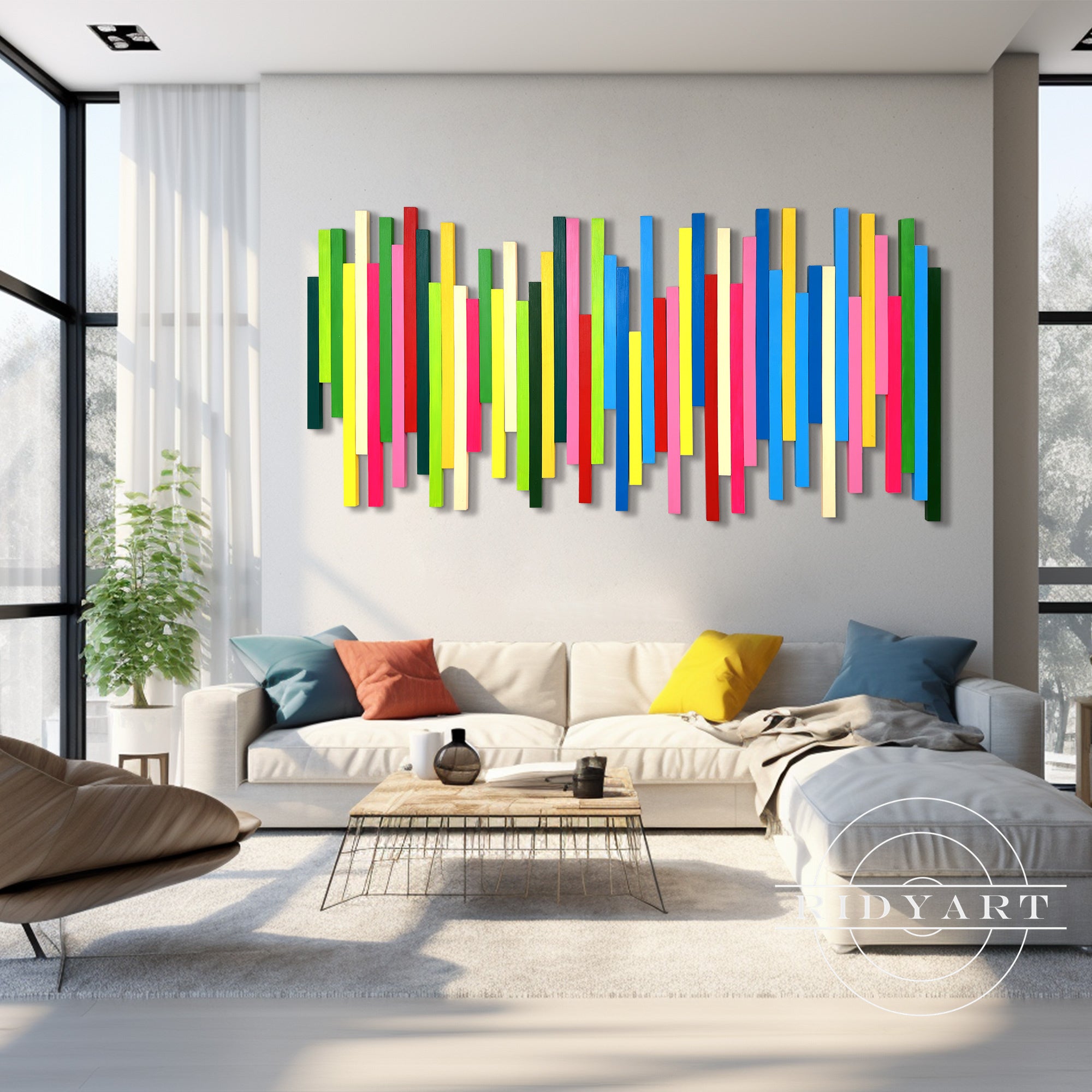 Long geometric wood sculpture for modern home interiors