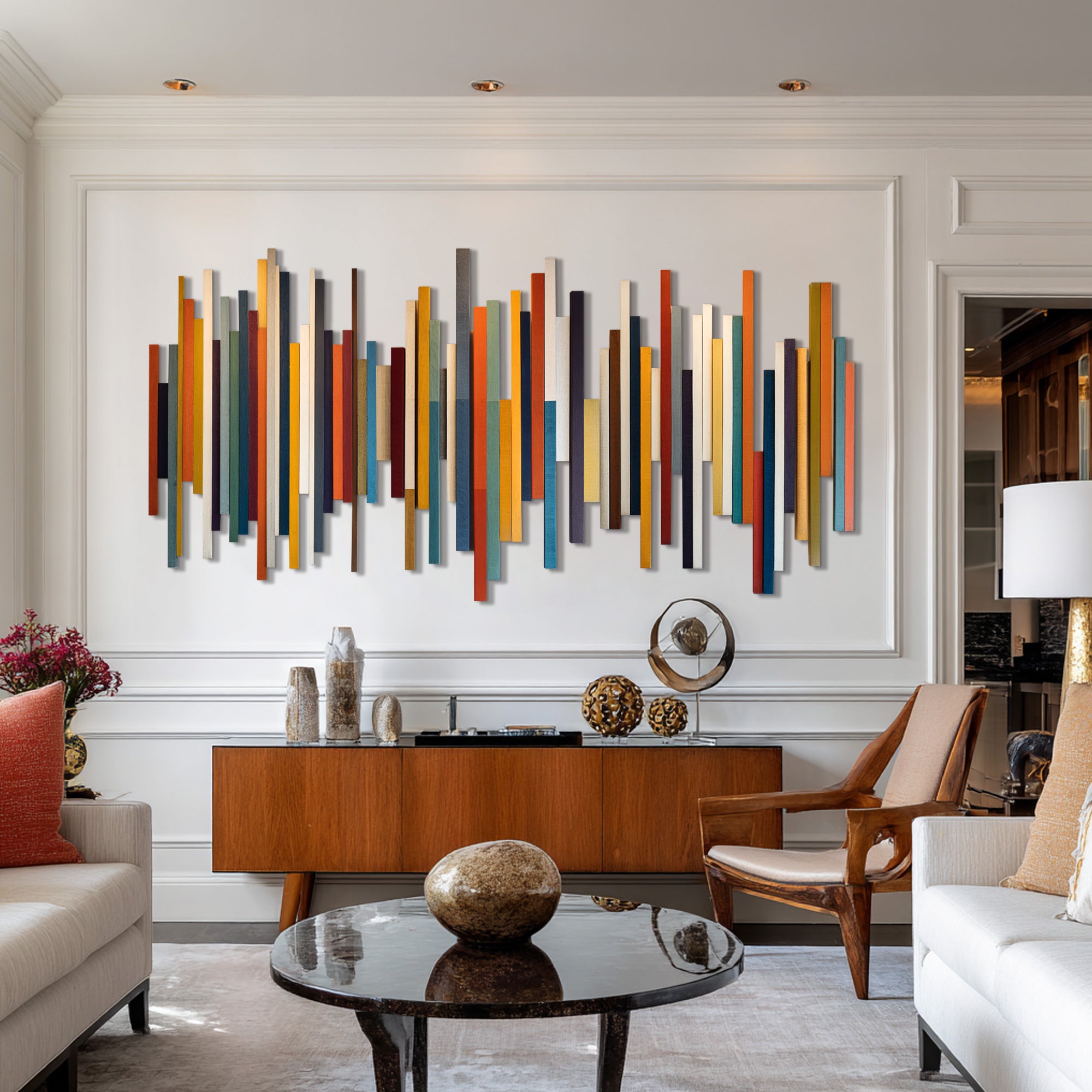 Long geometric wooden sculpture wall art for living room