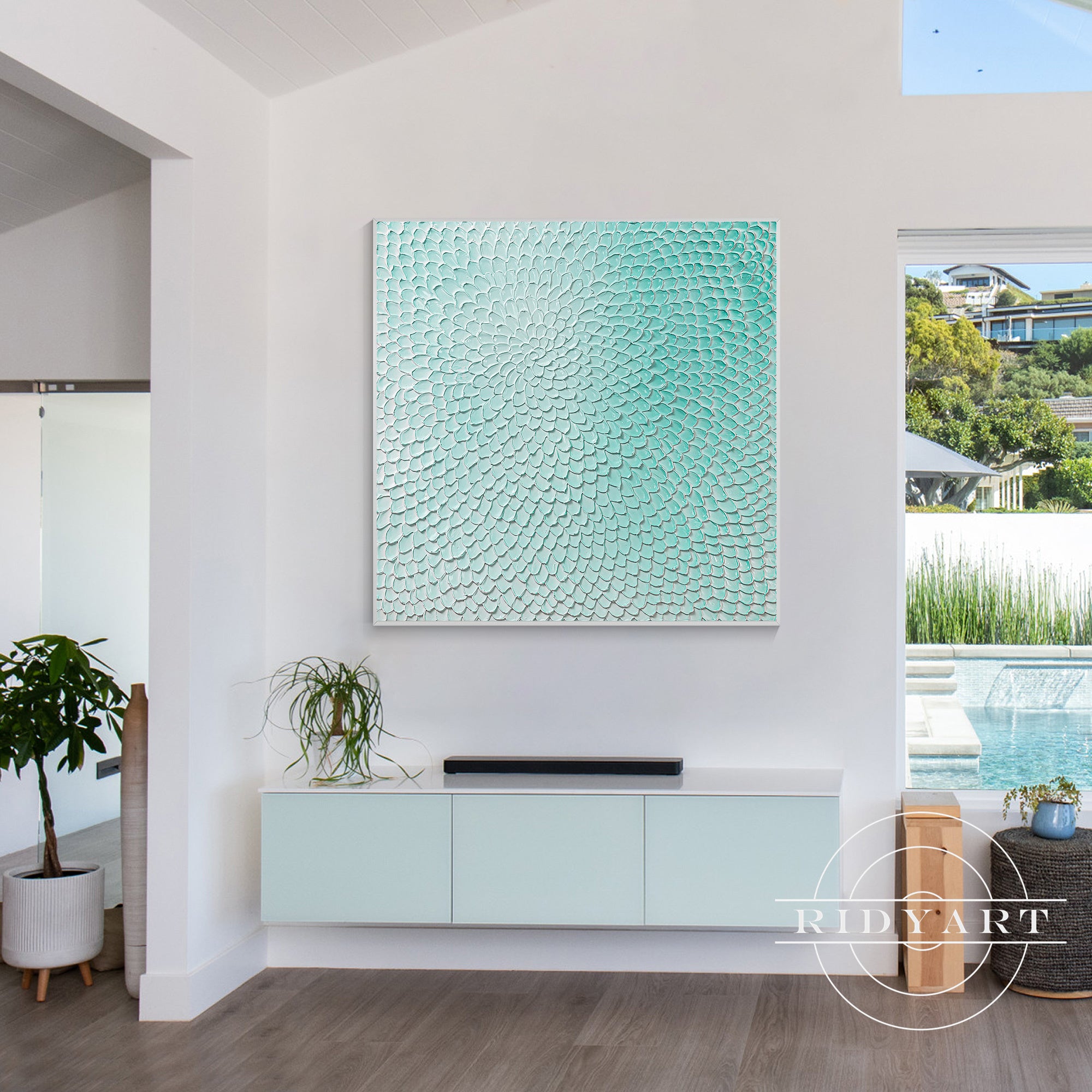 Large teal green wall decor with sculpted circle design