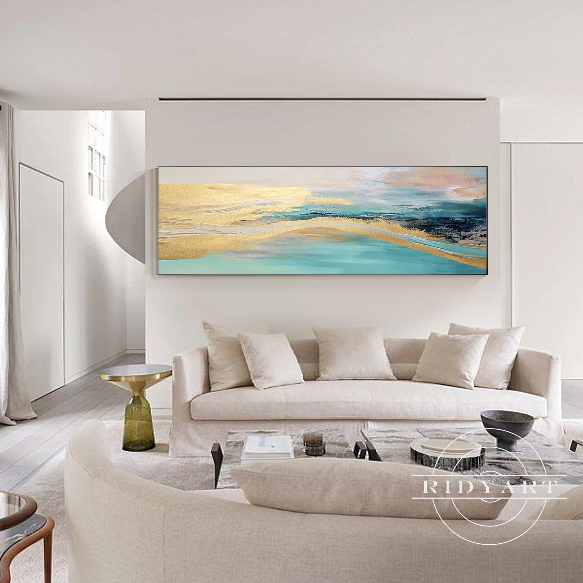 Large framed teal and gold canvas painting for living rooms.