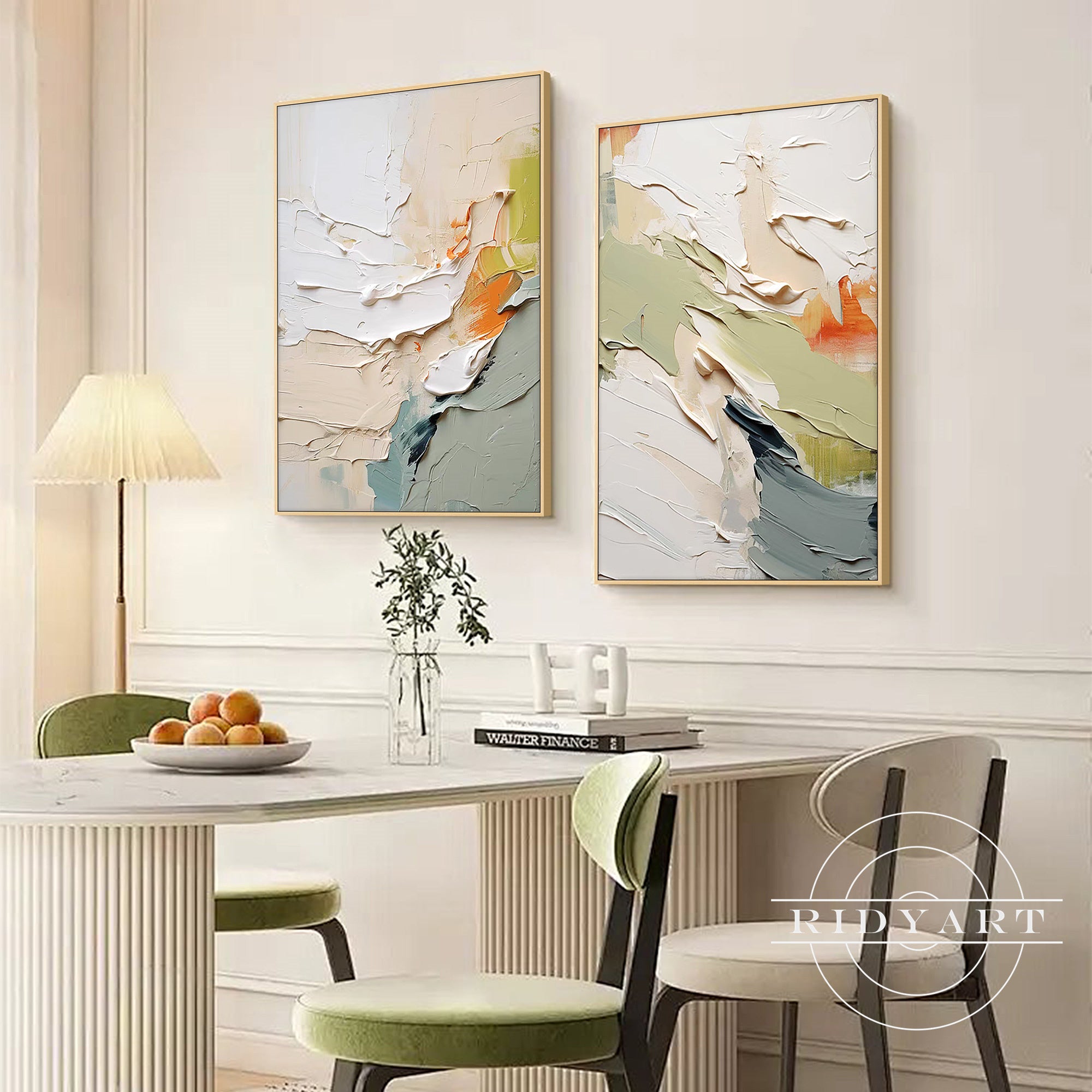 Beige and green textured canvas paintings
