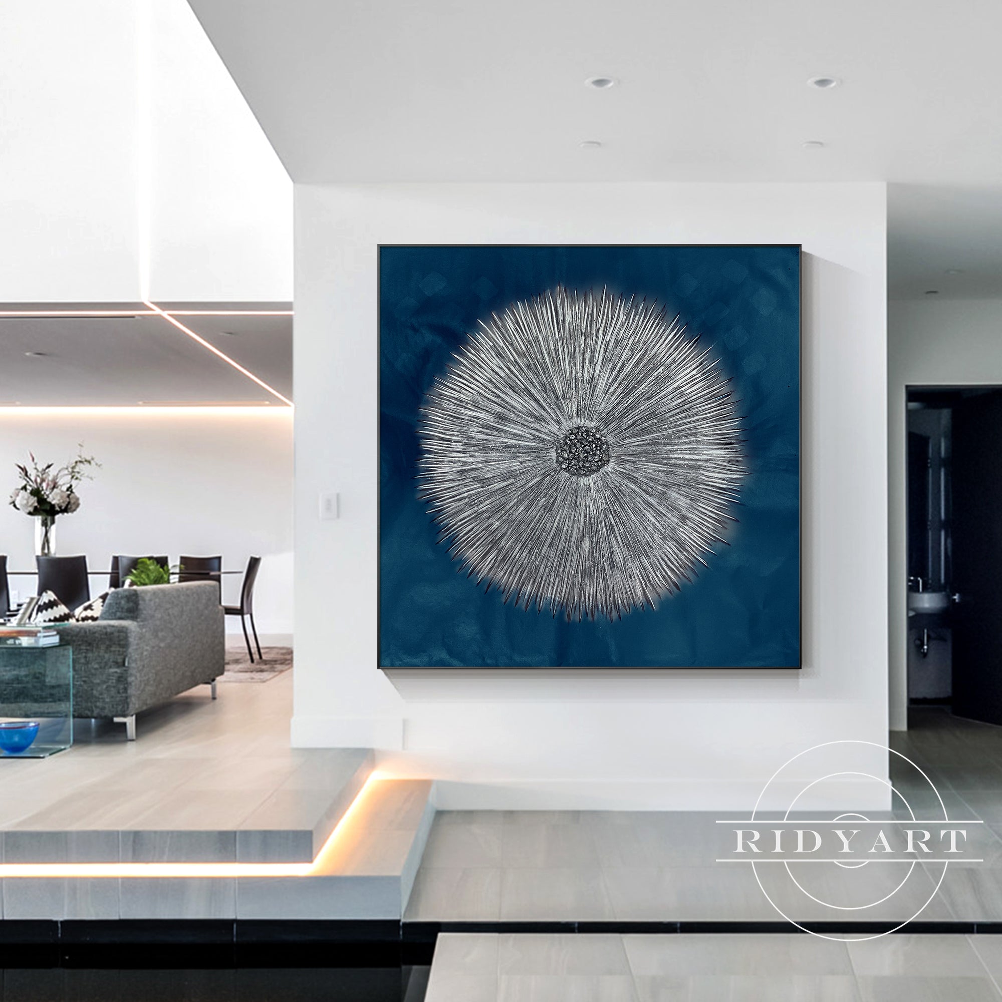 Extra-large navy and silver framed wall art for entrance hall decor.