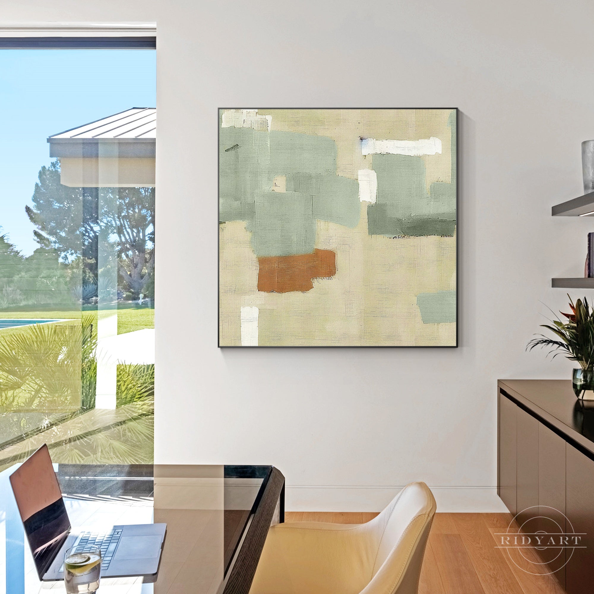 Abstract textured painting in beige, green, and brown