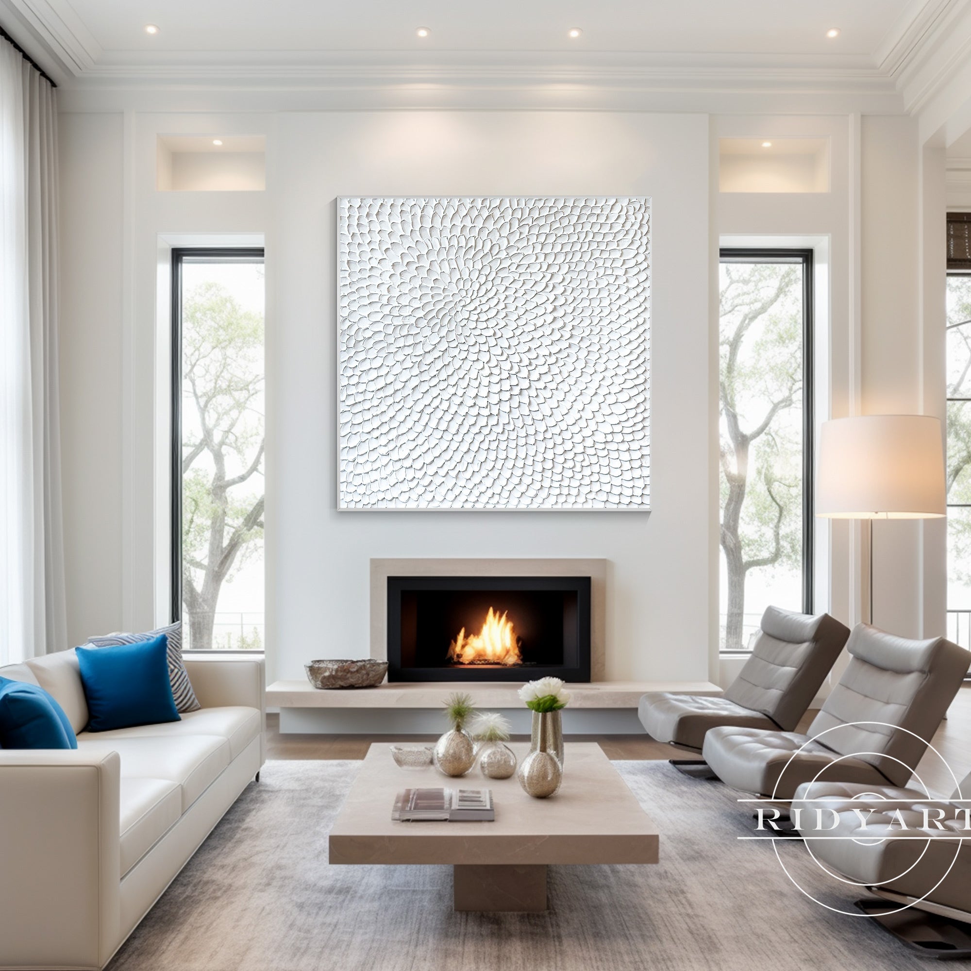 Large white wall decor with circular flower motif