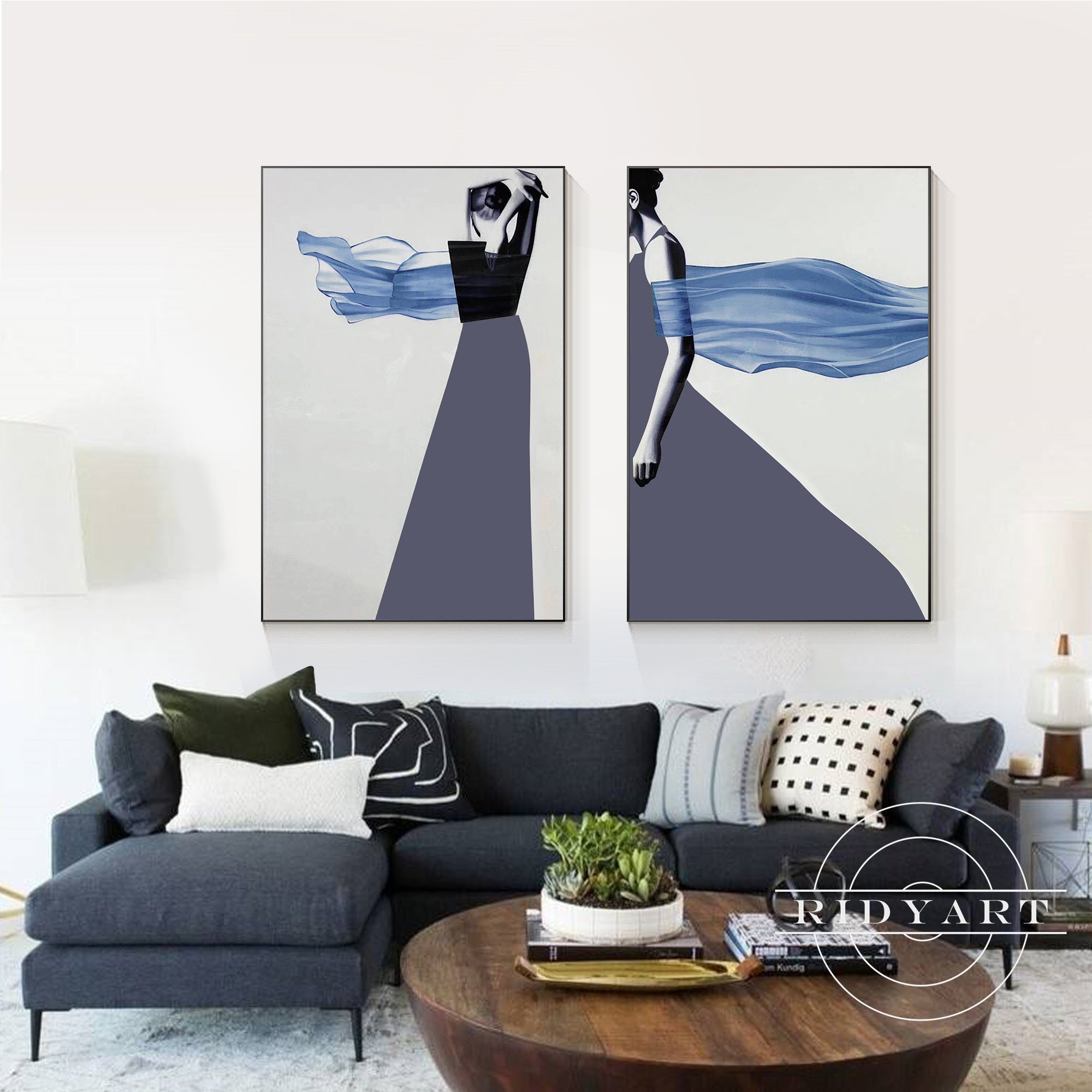 Minimalist female figure wall art in deep navy tones