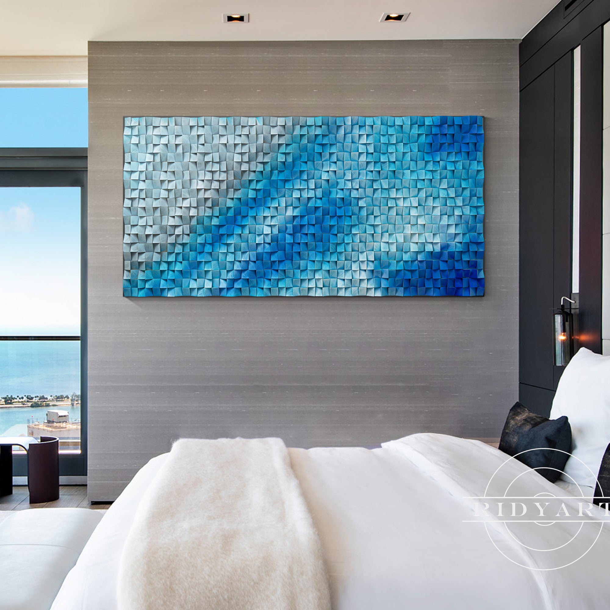 Blue and teal mosaic wood wall art with acoustic function
