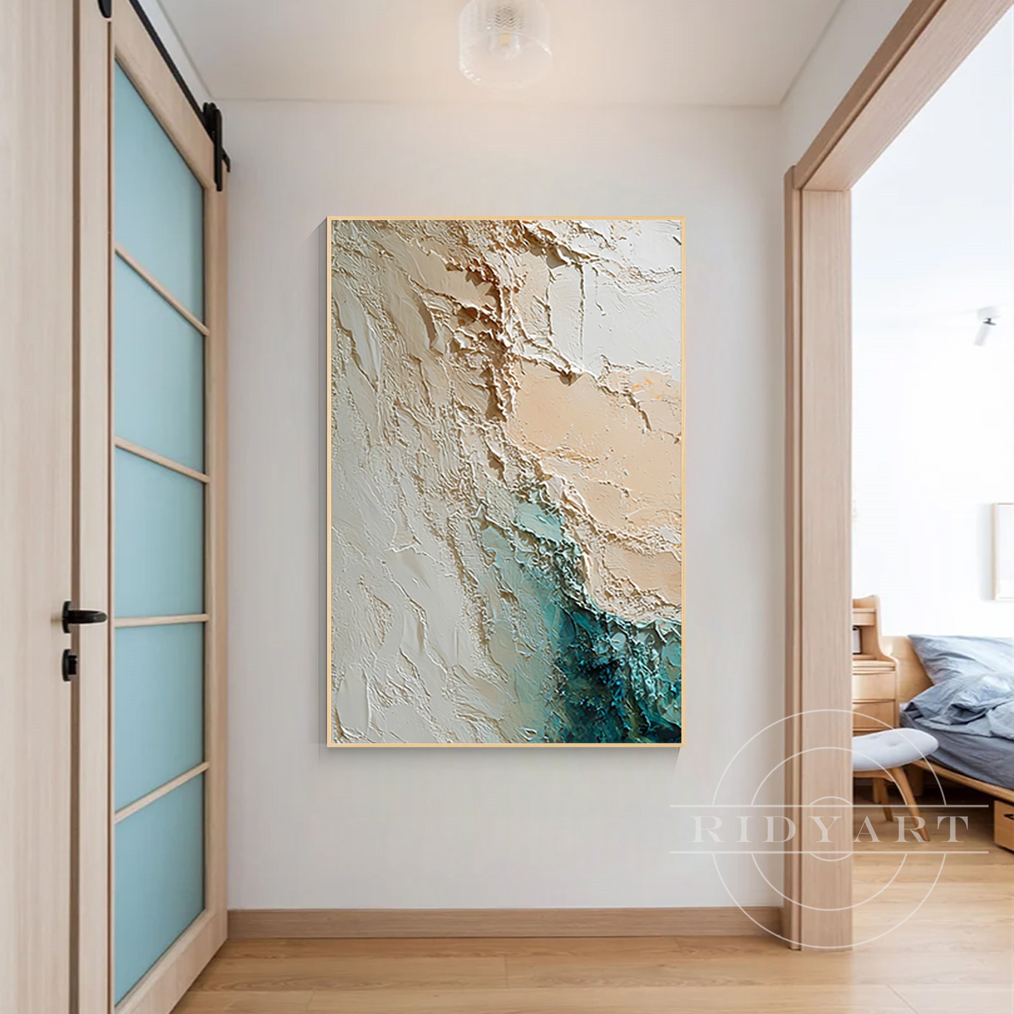 beige turquoise brown ocean textured canvas wall art