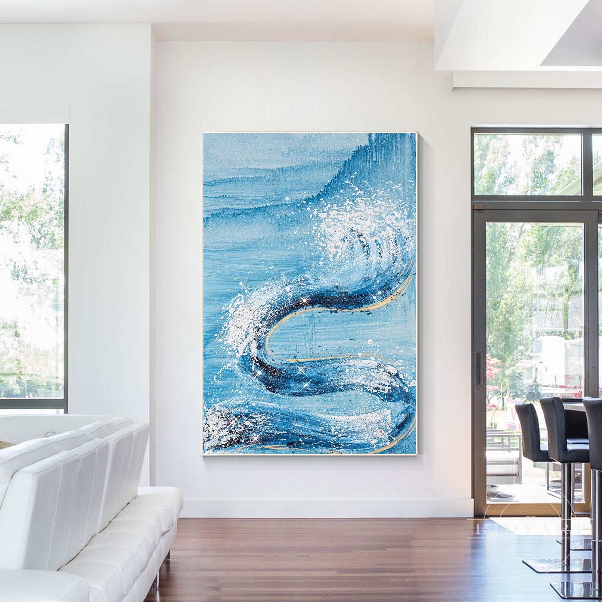 Sky blue and white abstract ocean waves textured wall art.