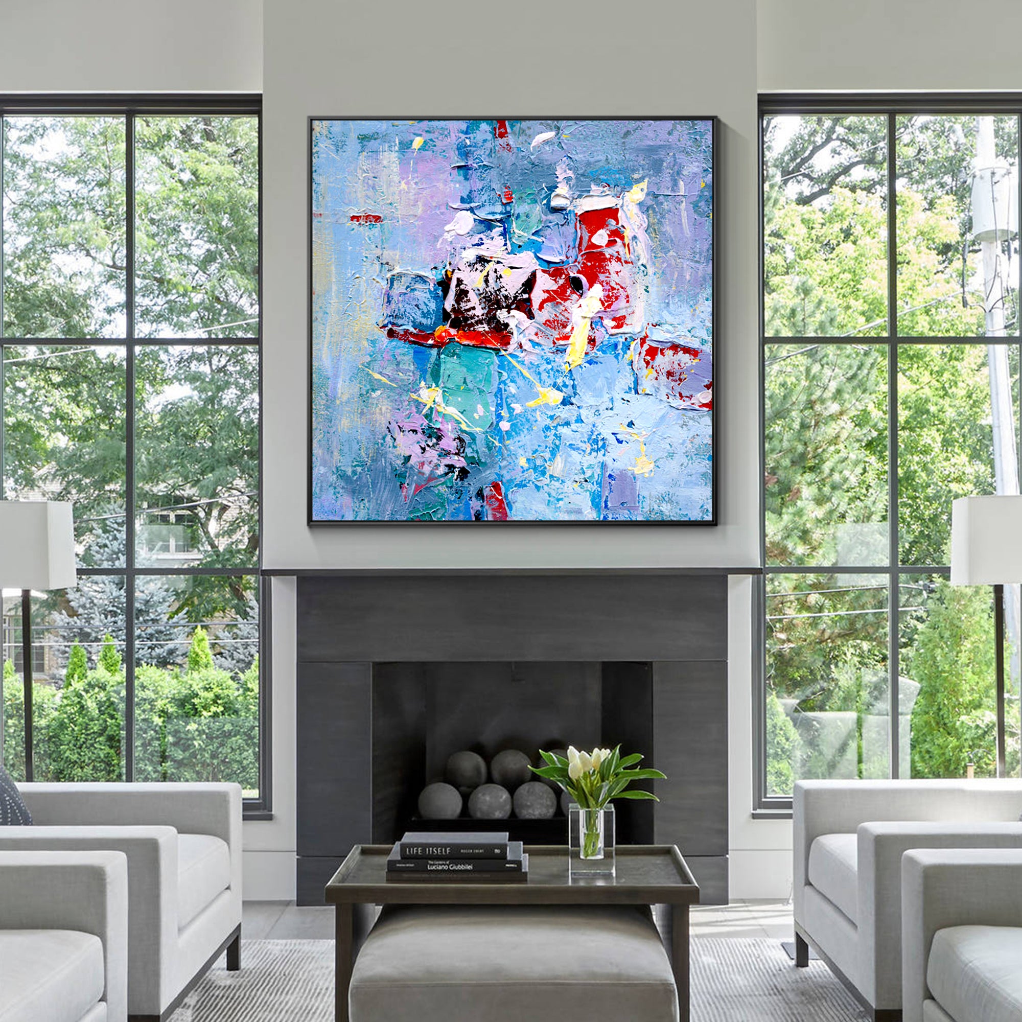 Abstract painting with colorful textures. Square wall art for modern interior decor, adding vibrancy and energy to living rooms, bedrooms, and offices.
