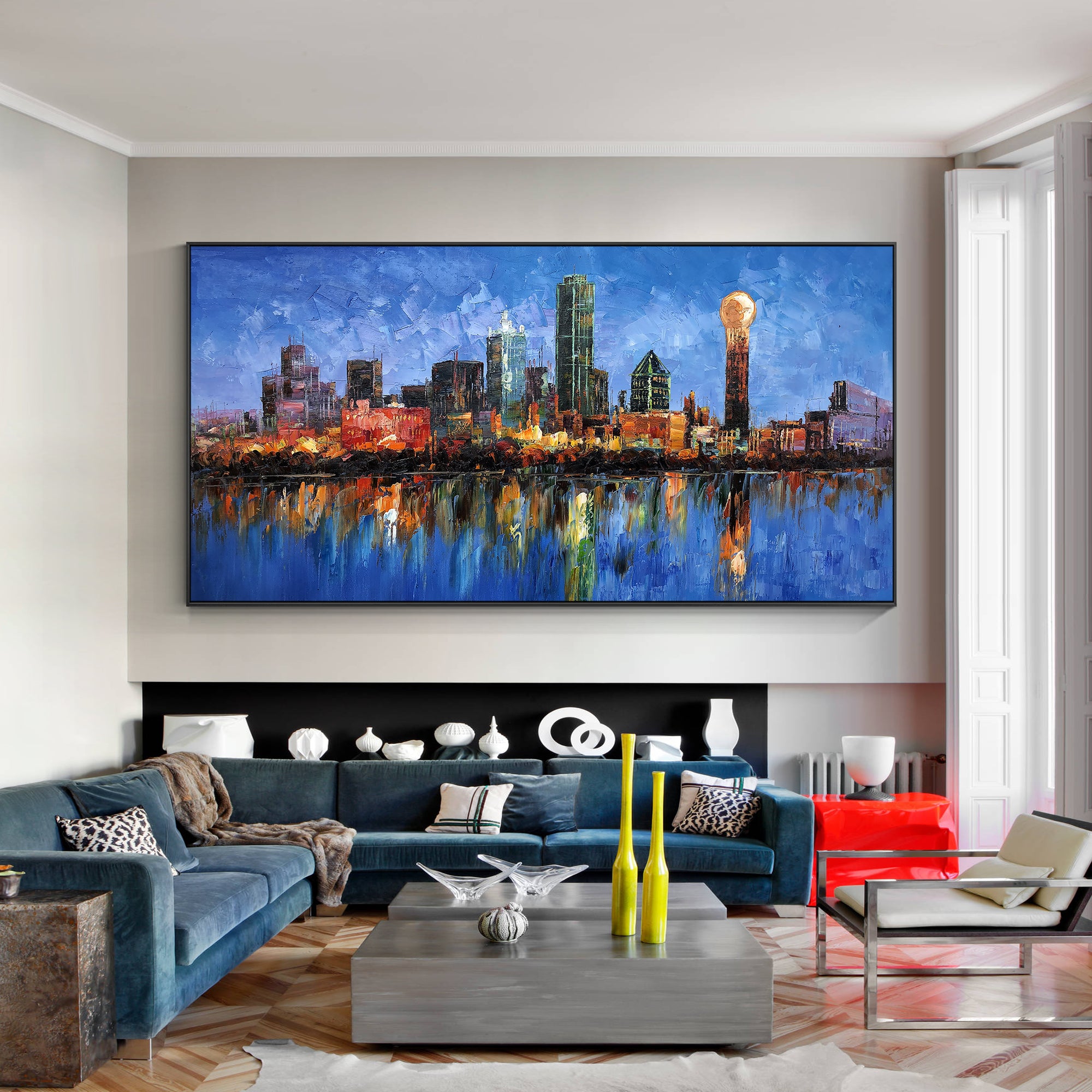 Dallas skyline wall art featuring textured abstract oil painting.