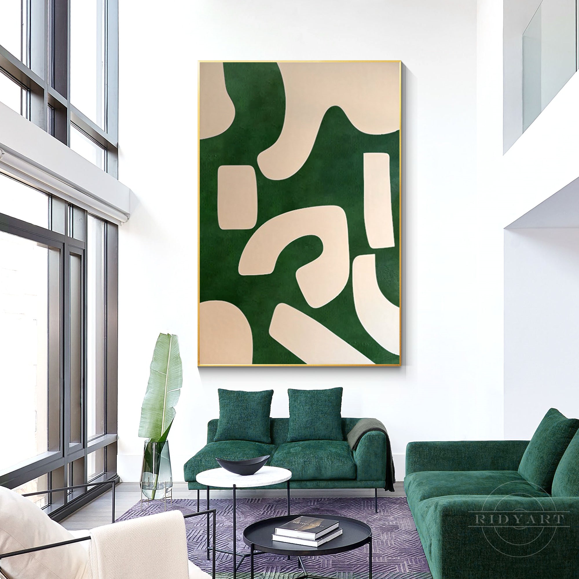 Emerald green and beige abstract painting on canvas with organic shapes. Vertical oversized minimalist wall art for modern home decor.