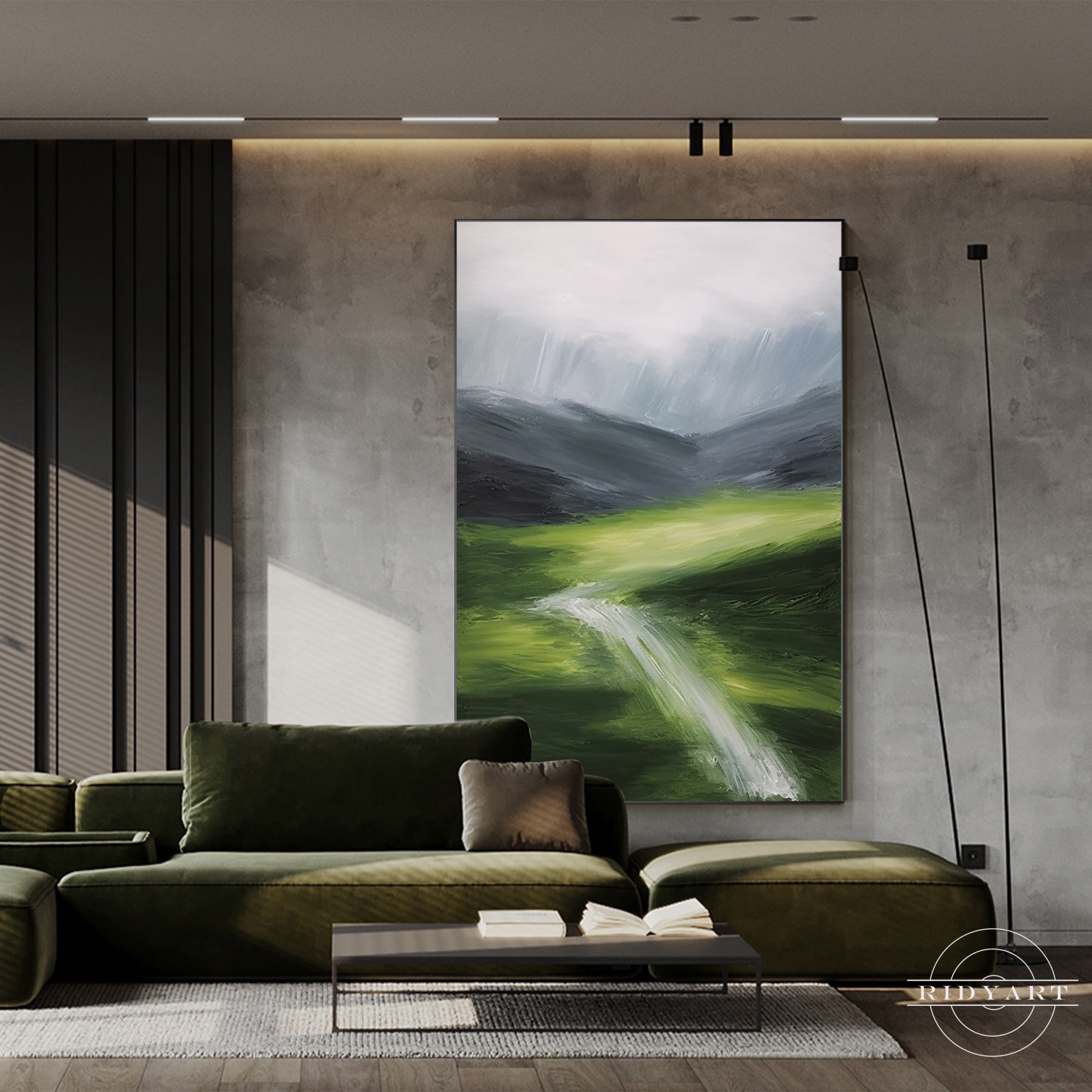 Green textured mountain river wall art on canvas.