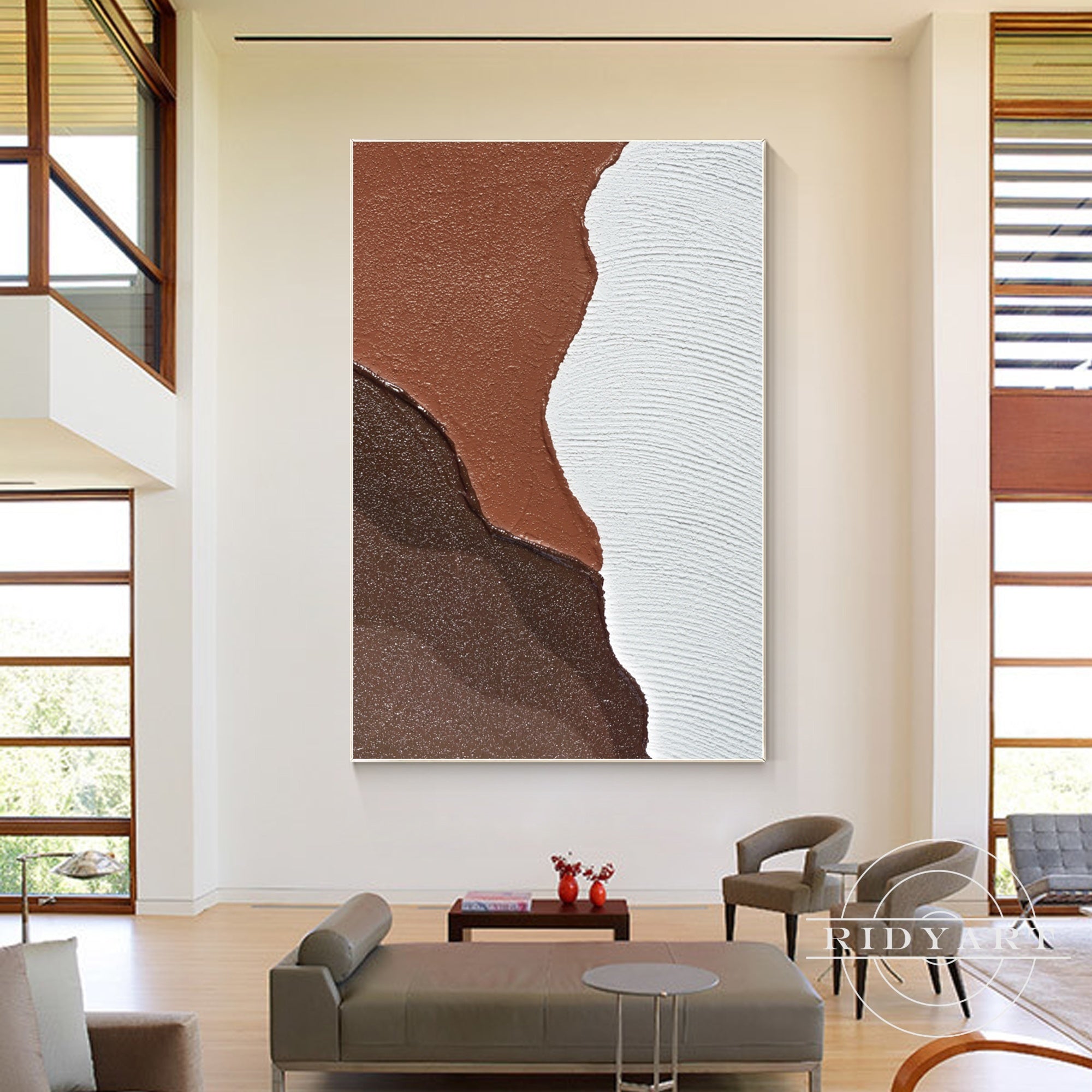Earth tone abstract ocean painting with textured details.