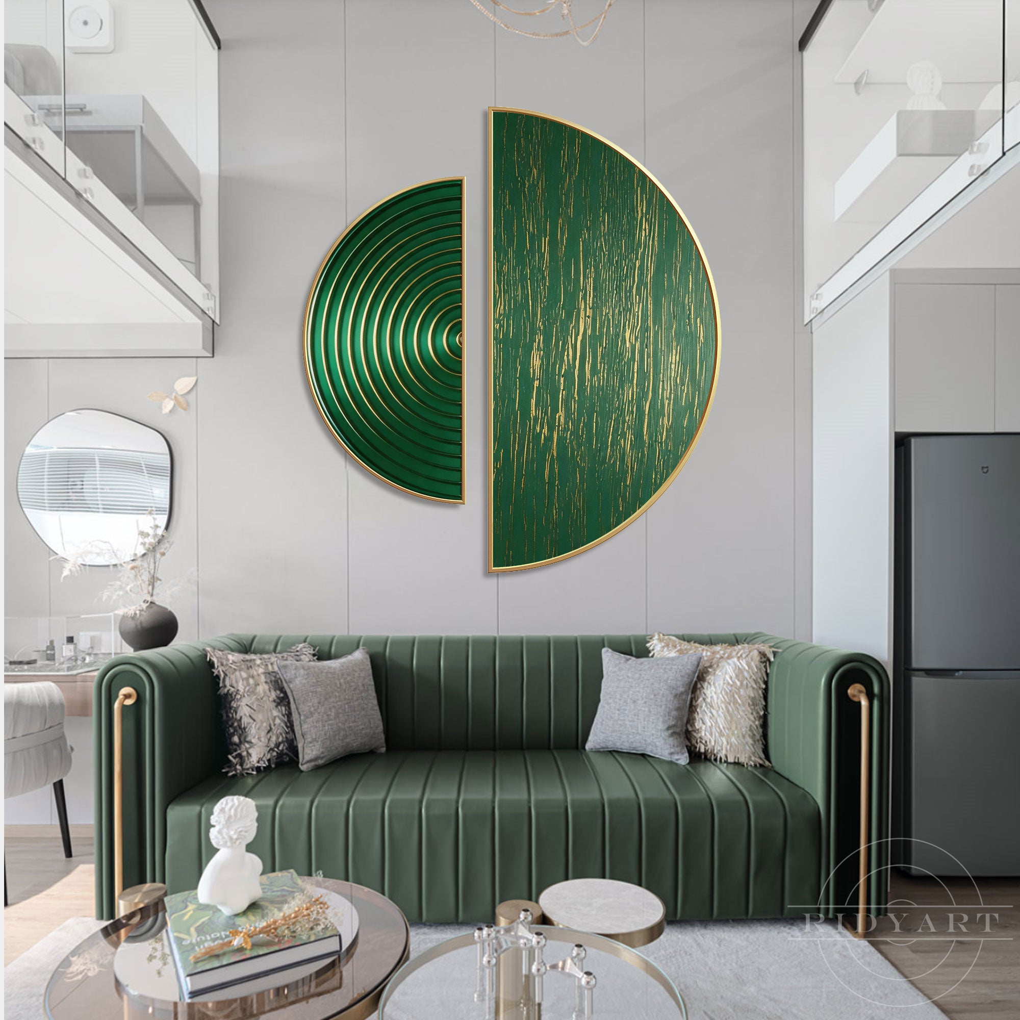 Two-piece green and gold geometric wall art mounted above a green leather sofa in a contemporary living room.