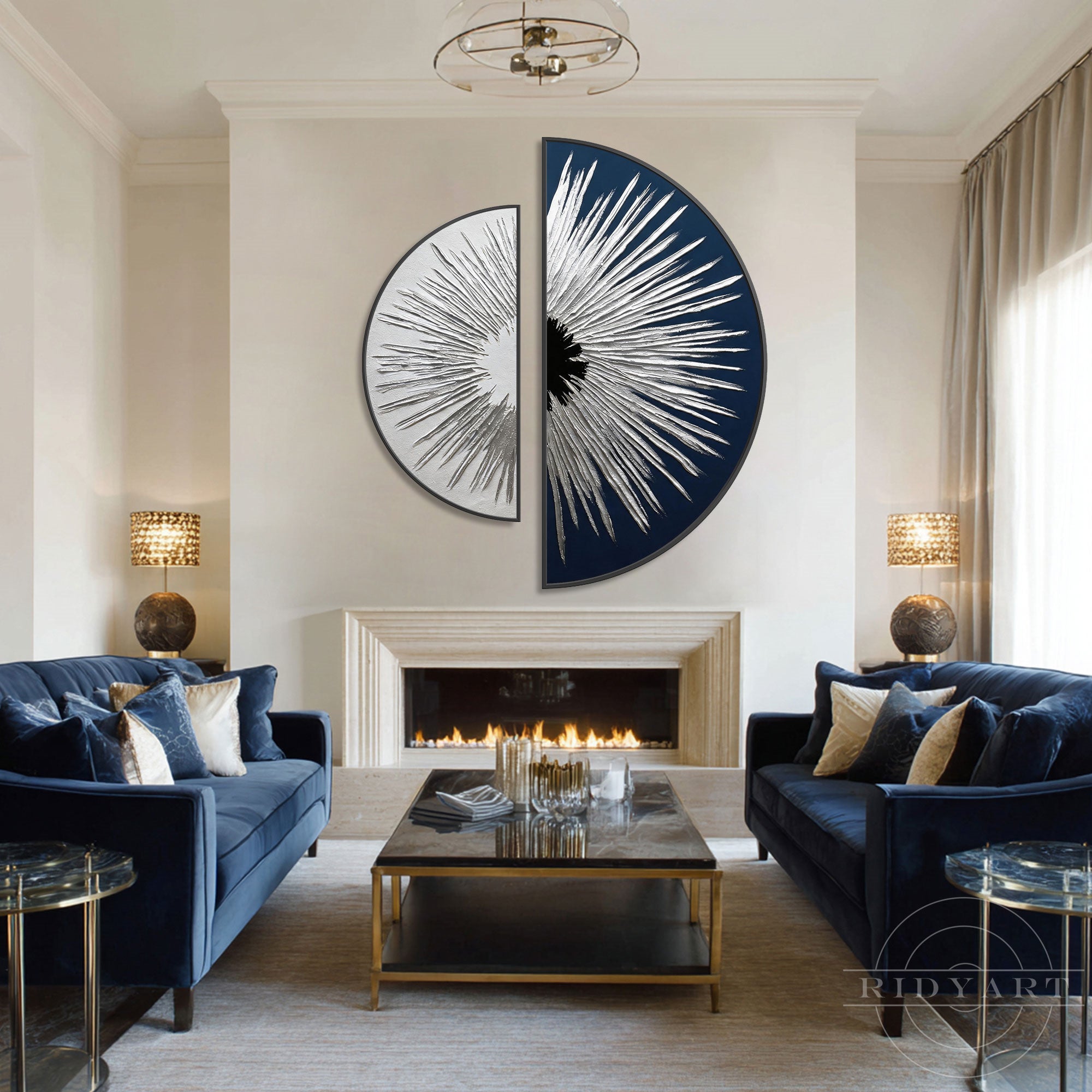 Textured abstract navy and silver original painting set of 2 half-circle frames mounted over a rustic blue wooden console cabinet.