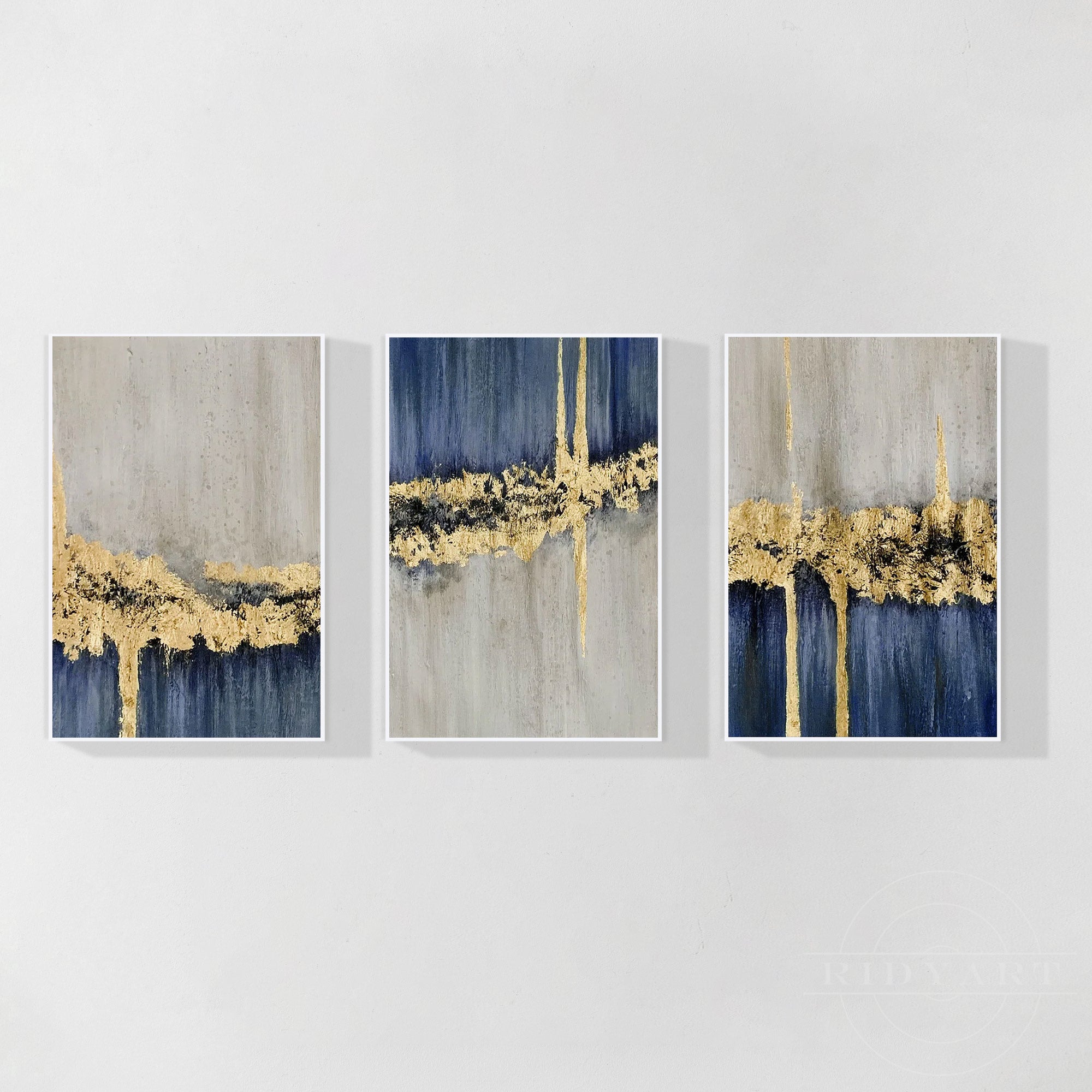 3 pieces Blue And Gold Modern Abstract Oil Painting