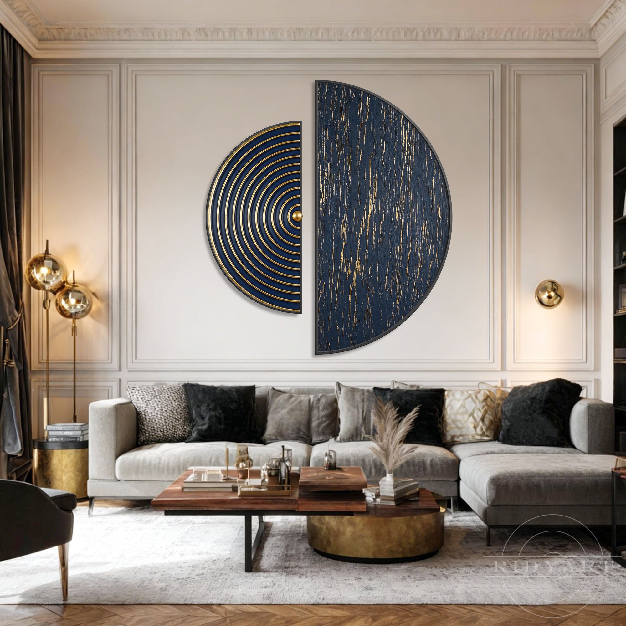 Contemporary living room sofa background showcasing 1 set blue and gold wall art.