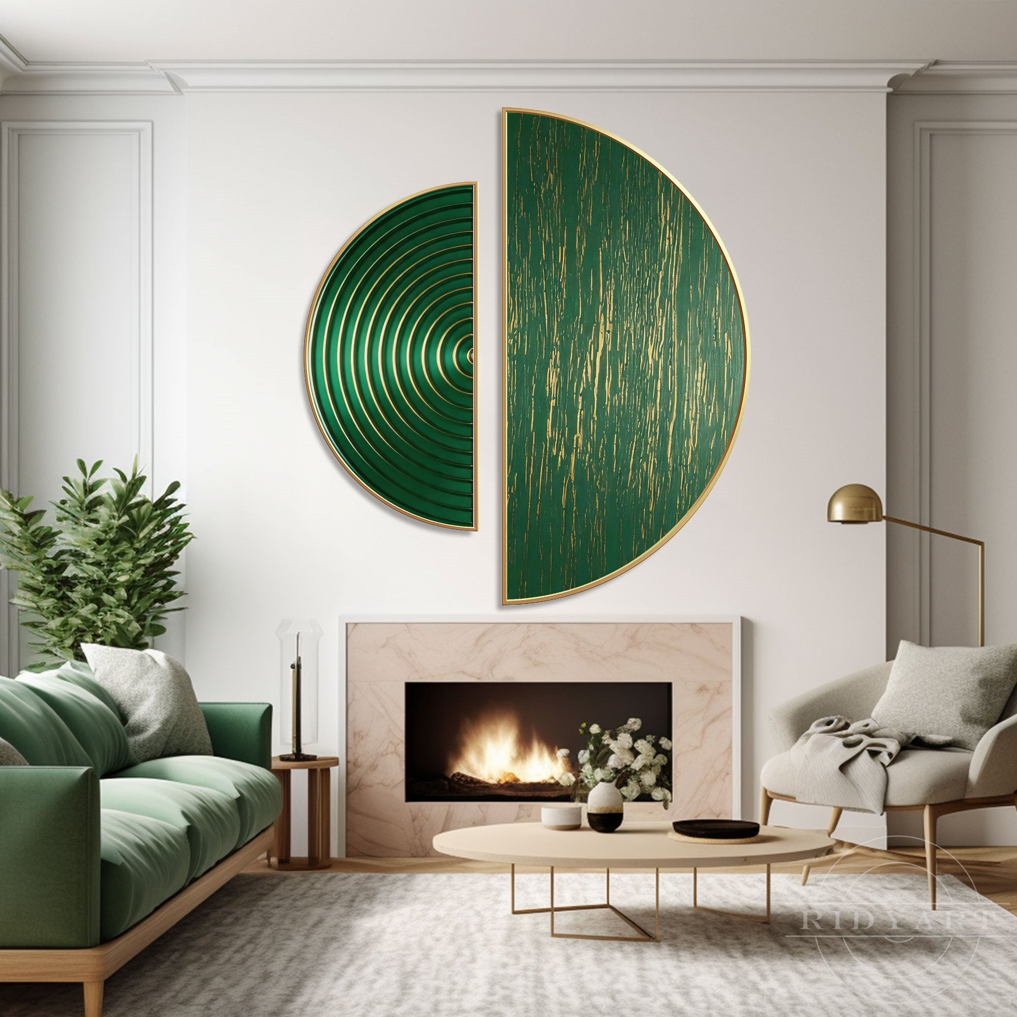 An elegant half circle wall art set displaying a gold and green textured abstract original painting styled above a warm fireplace.