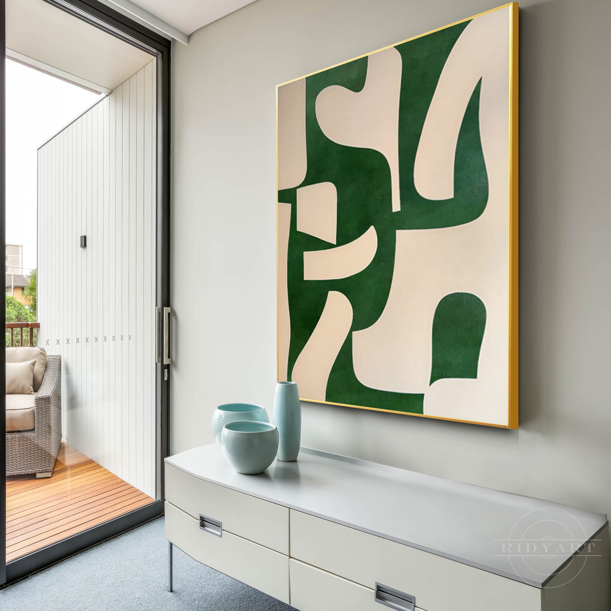Beige and emerald green abstract painting on canvas with organic shapes. Vertical oversized minimalist wall art for modern home decor.