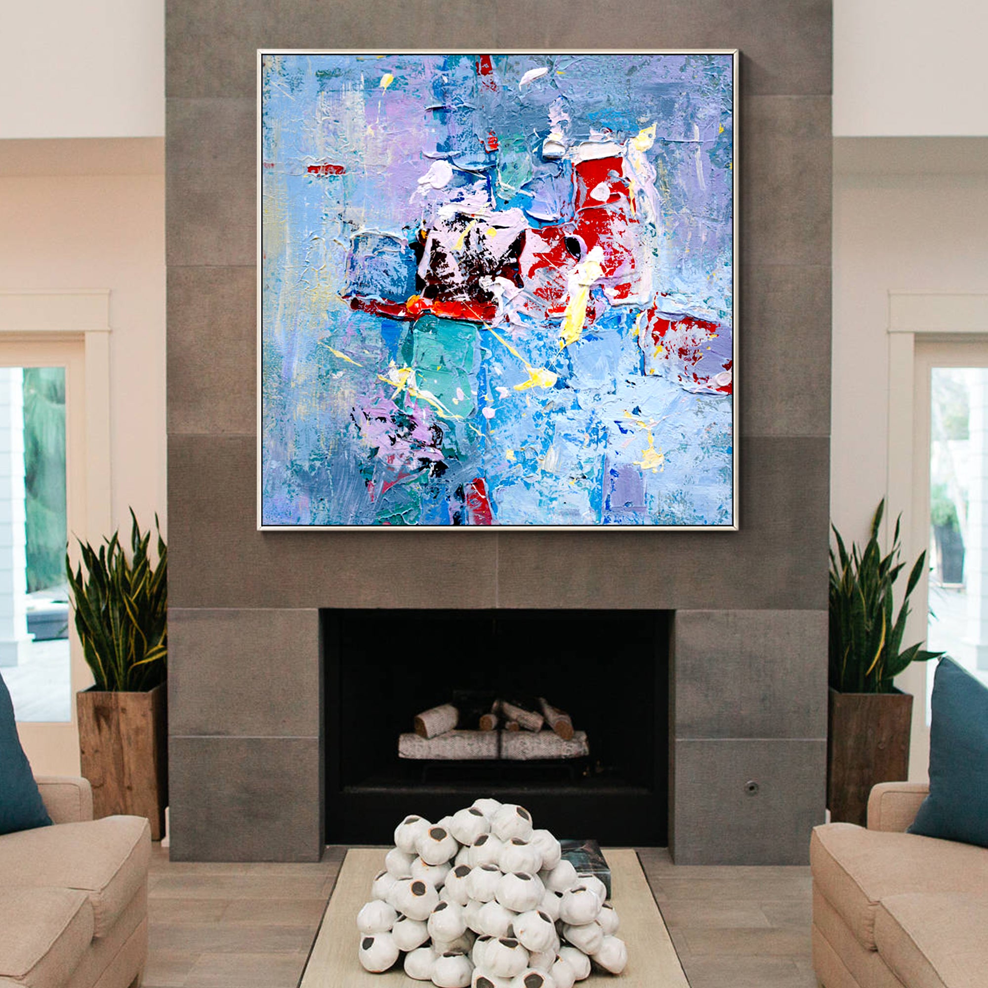 Abstract painting with colorful textures. Square wall art for modern interior decor, adding vibrancy and energy to living rooms, bedrooms, and offices.